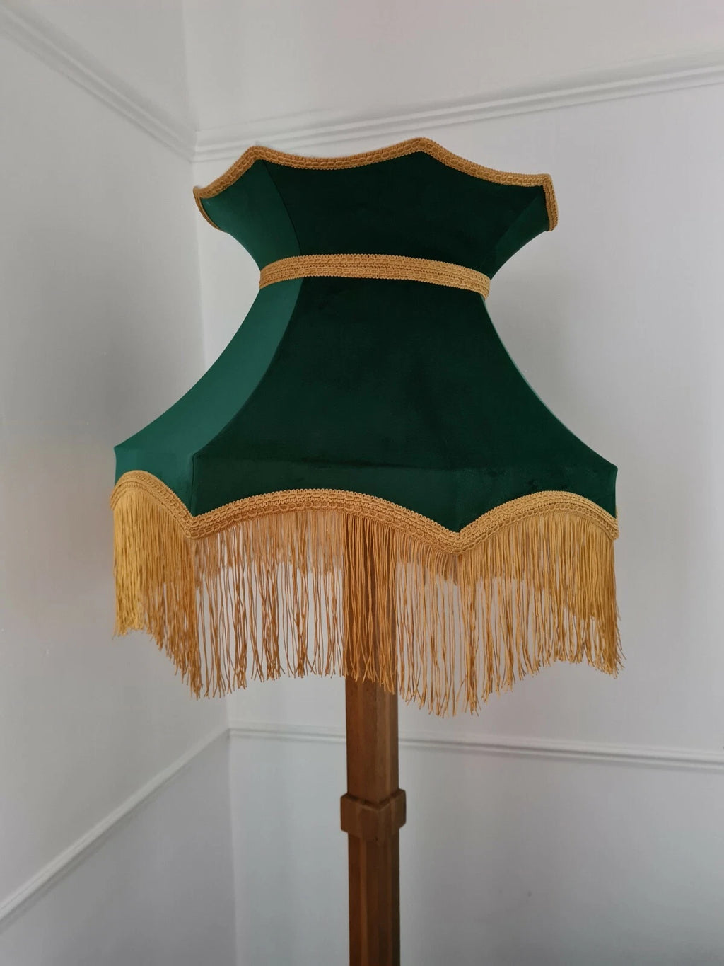 Large handmade green velvet lampshade crown shape for a standard lamp or ceiling