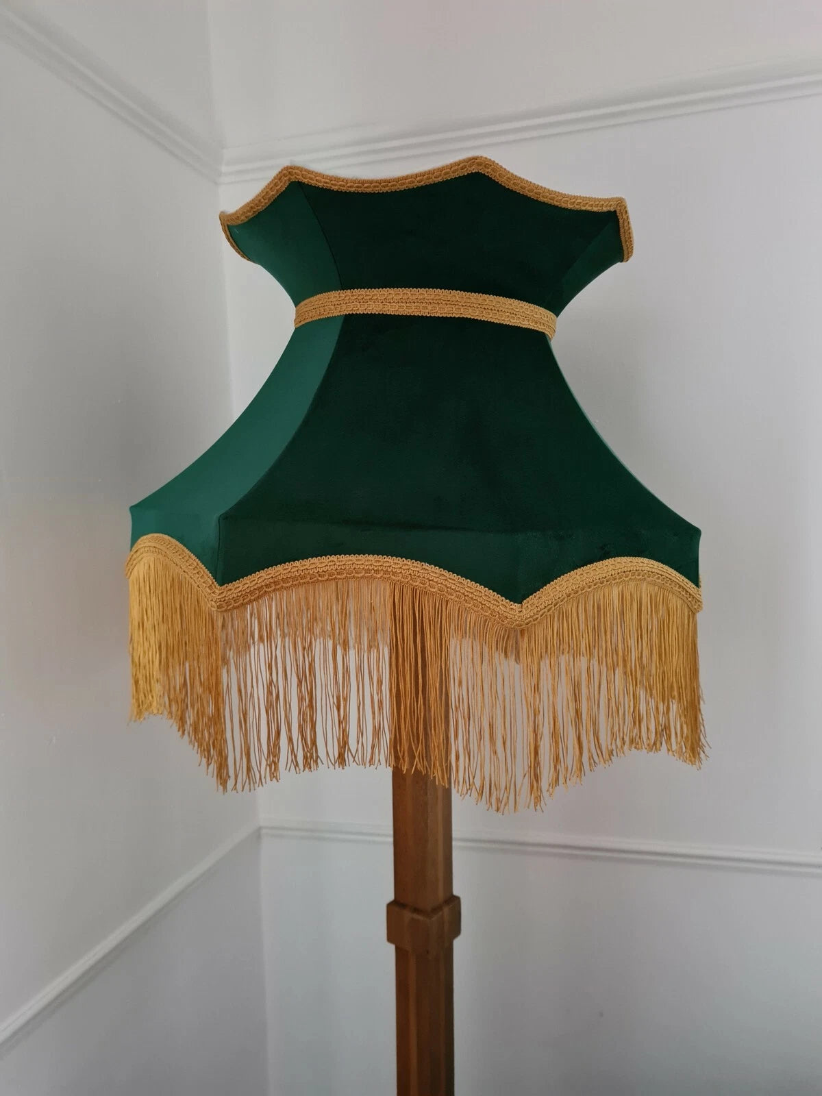 Large handmade green velvet lampshade crown shape for a standard lamp or ceiling