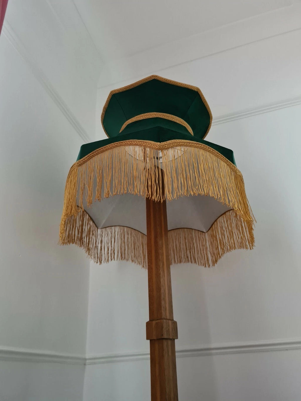 Large handmade green velvet lampshade crown shape for a standard lamp or ceiling