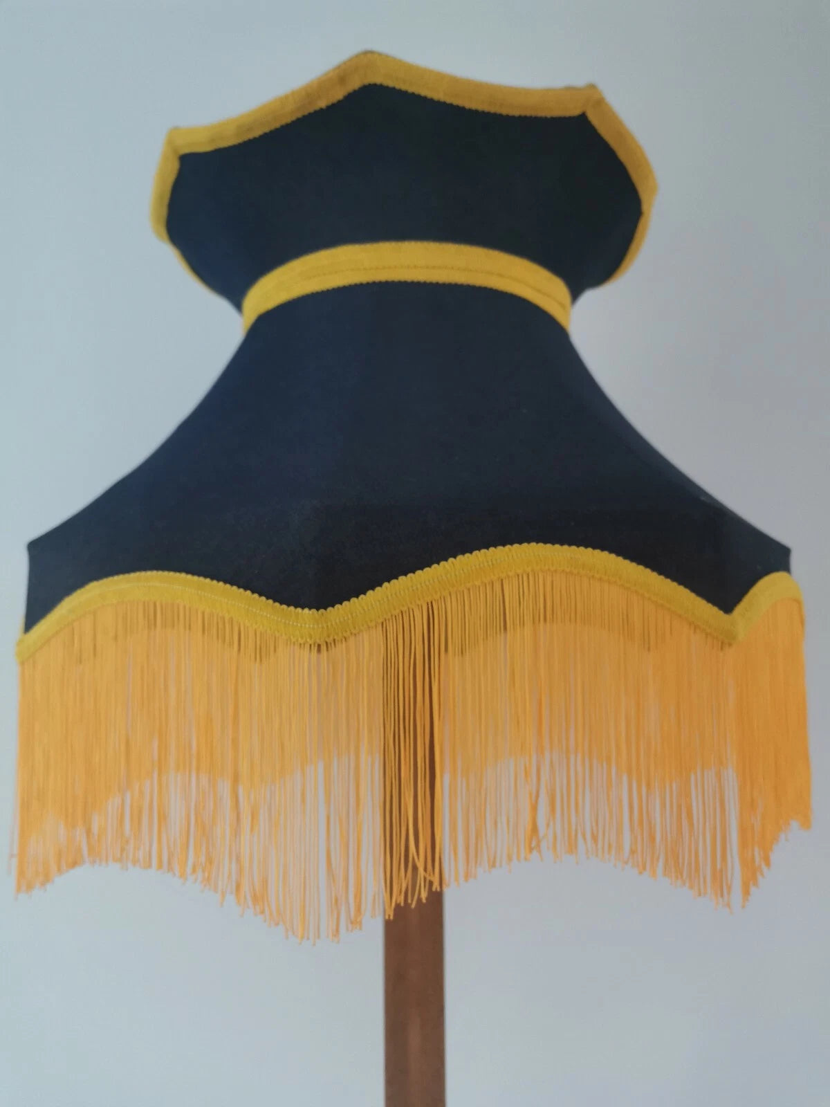 Large denium and mustard yellow lampshade crown shape a standard lamp or ceiling