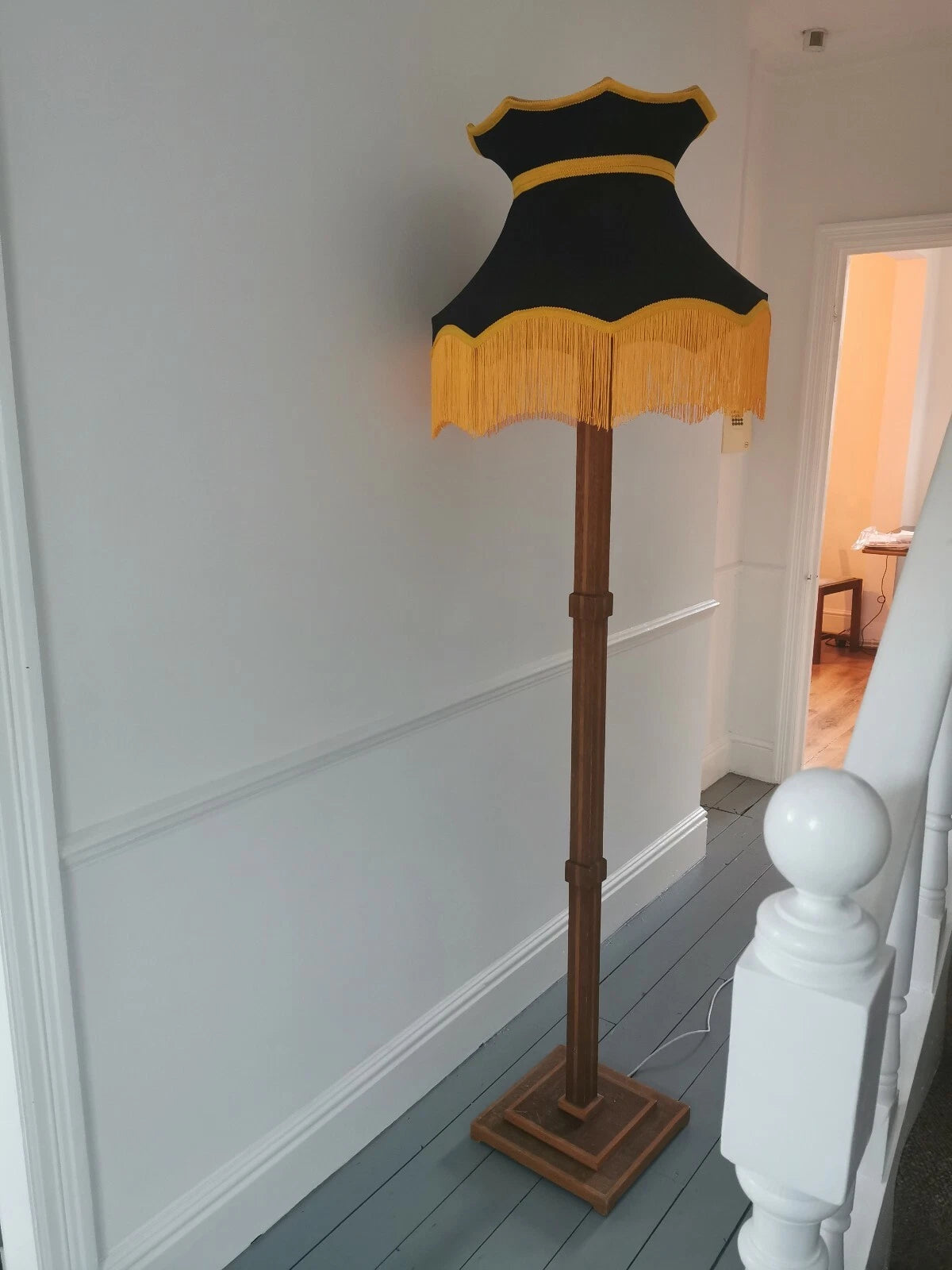 Large denium and mustard yellow lampshade crown shape a standard lamp or ceiling