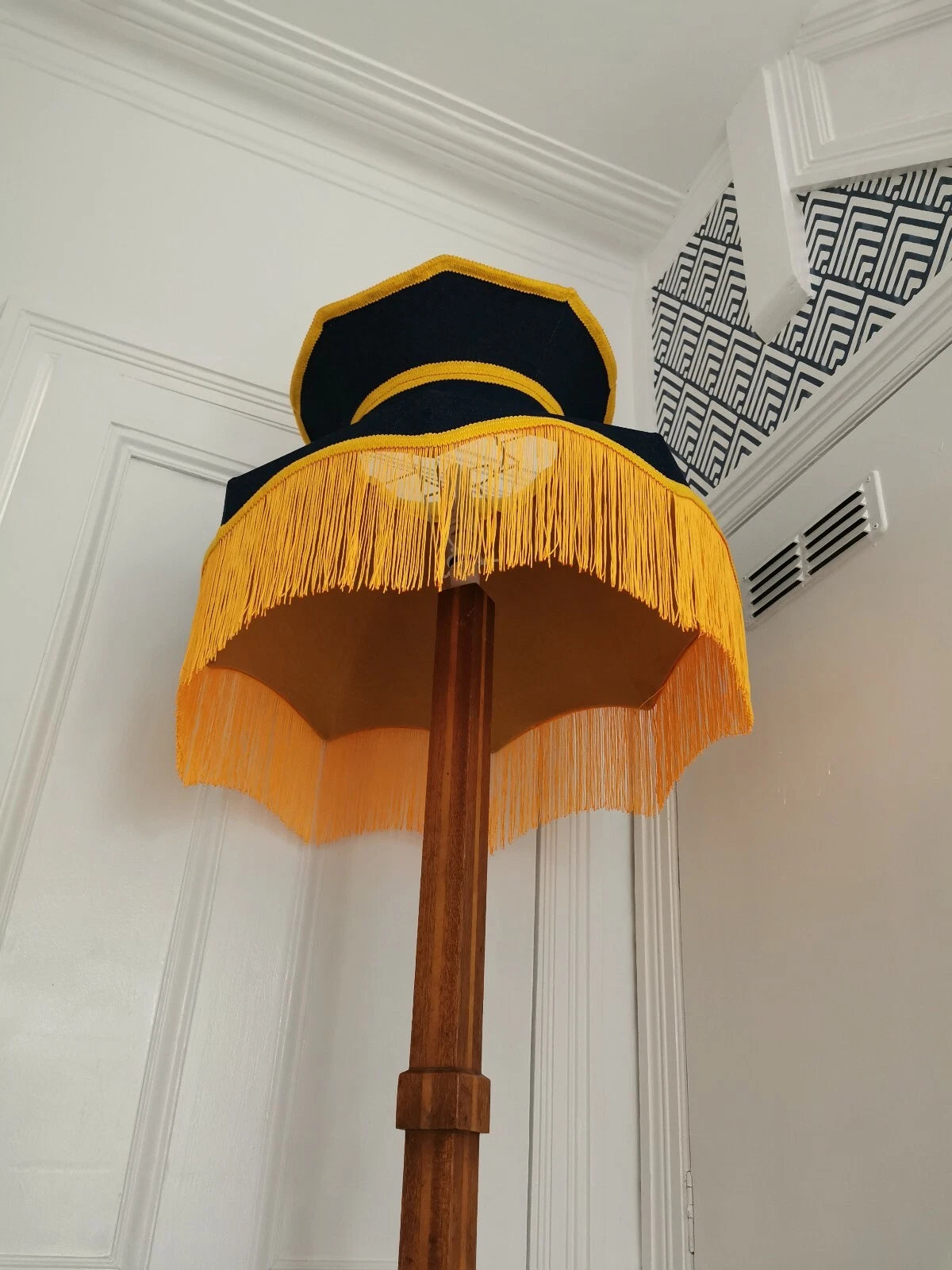 Large denium and mustard yellow lampshade crown shape a standard lamp or ceiling
