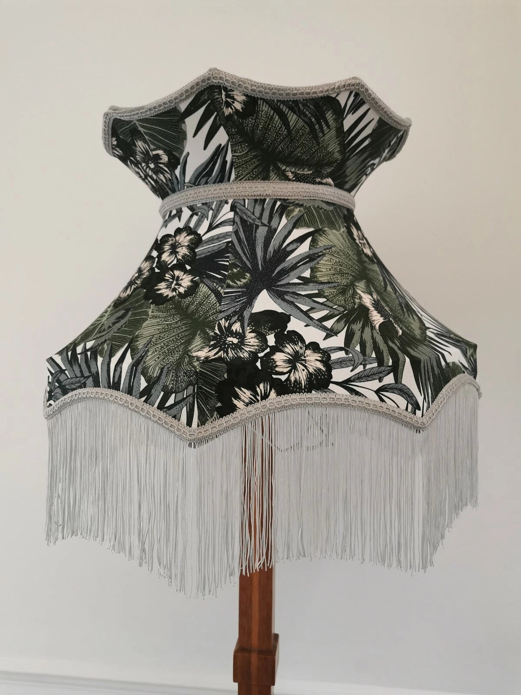 Crown shaped botanical lampshade standard lamp ceiling pendant with grey fringe