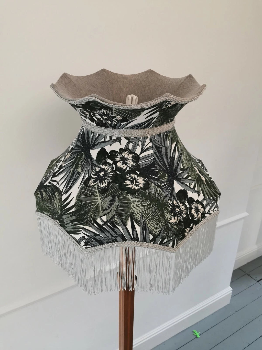 Crown shaped botanical lampshade standard lamp ceiling pendant with grey fringe