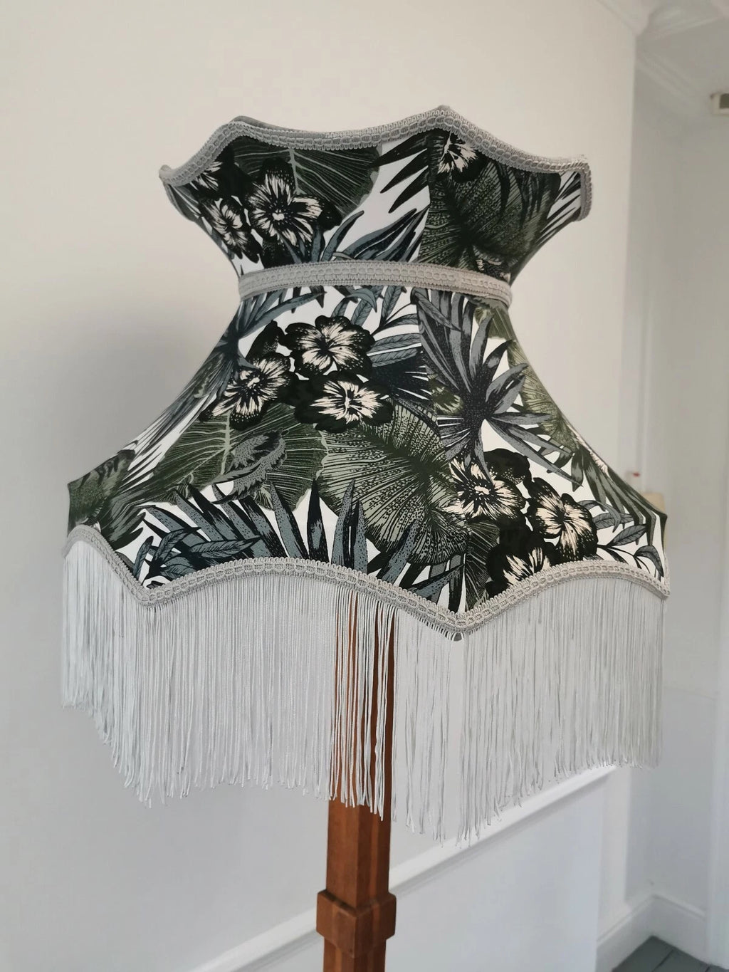 Crown shaped botanical lampshade standard lamp ceiling pendant with grey fringe