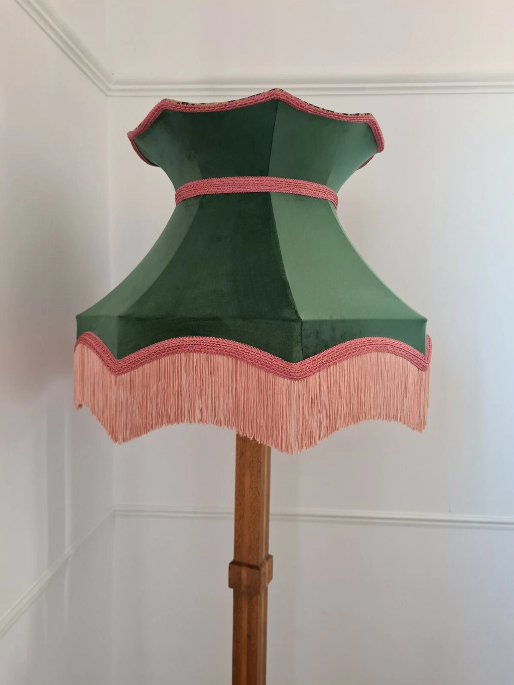 Handmade large crown lampshade green velvet leopard lined standard lamp pendant