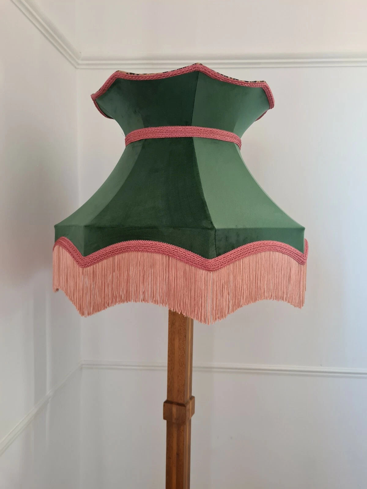 Handmade large crown lampshade green velvet leopard lined standard lamp pendant