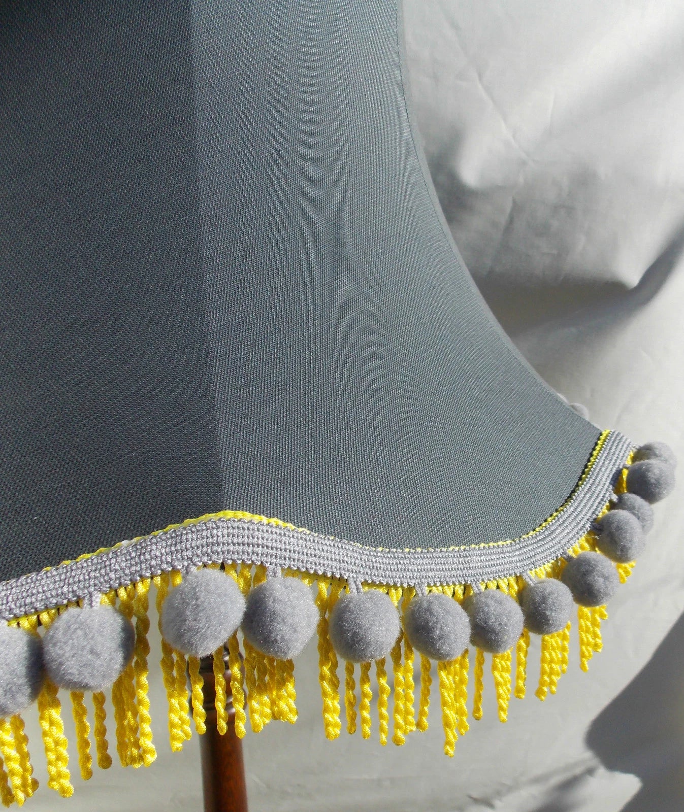 Handmade lampshade in grey cotton yellow trim for standard lamp or ceiling lamp