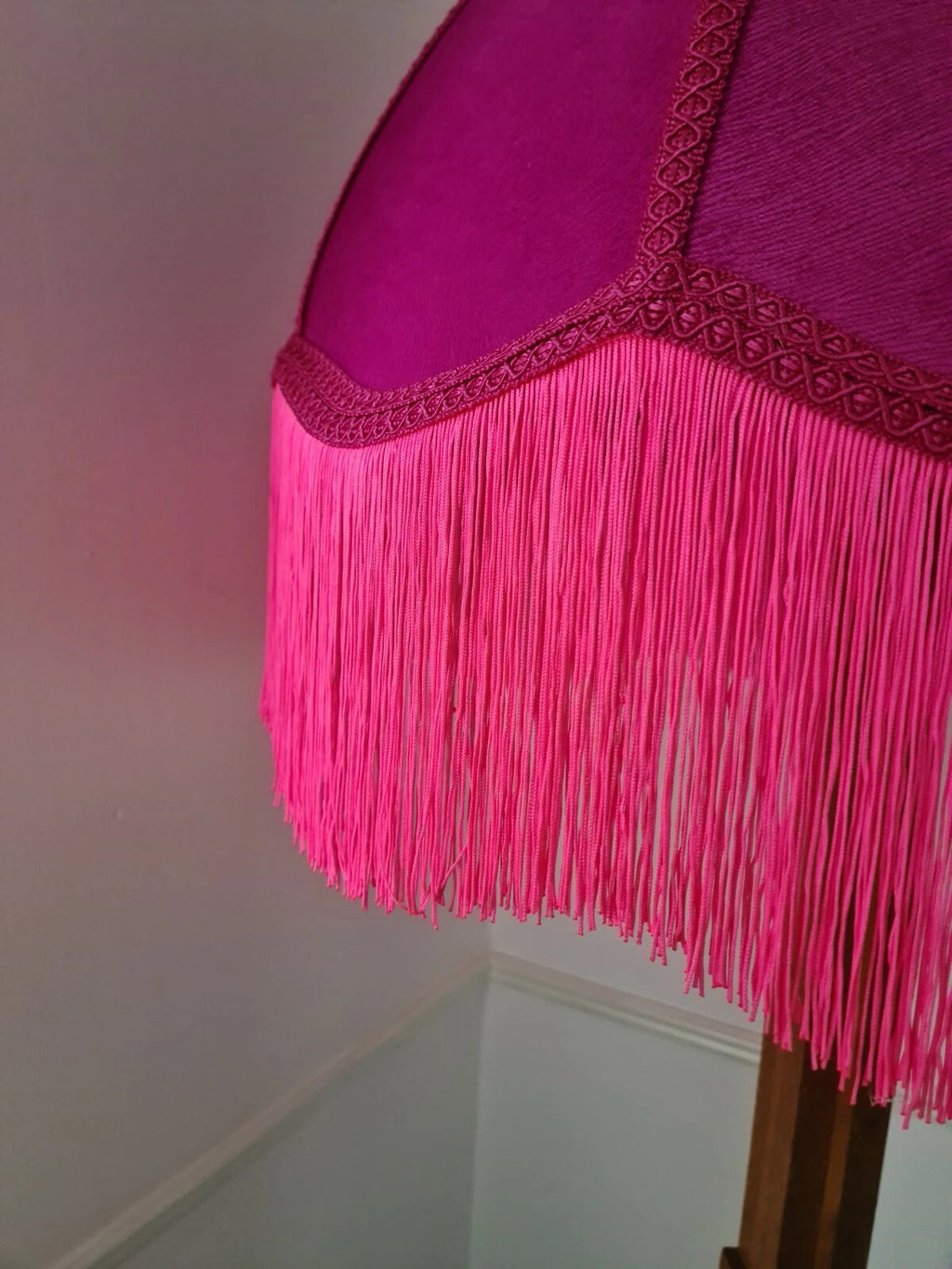 Handmade dome shaped lampshade pink velvet and neon fringe standard lamp ceiling
