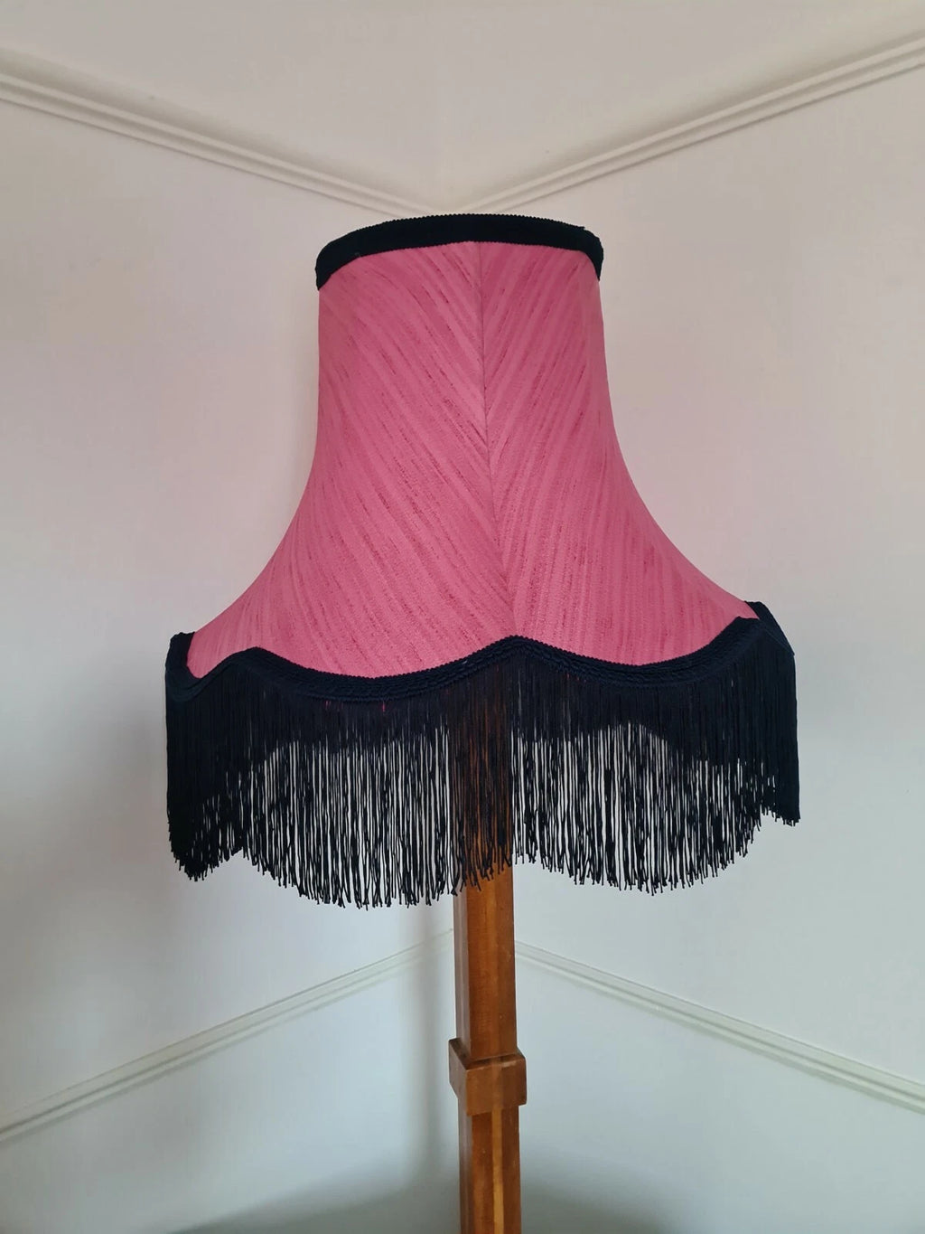 Handmade lampshade pink silk fabric navy fringe standard lamp ceiling pendant