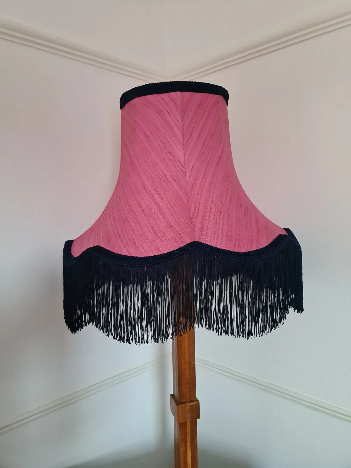 Handmade lampshade pink silk fabric navy fringe standard lamp ceiling pendant