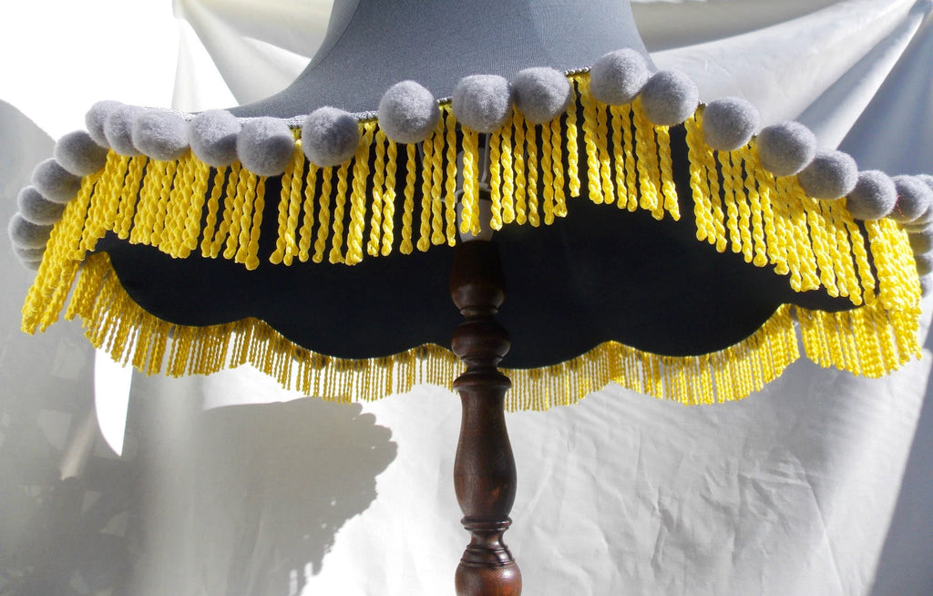 Handmade lampshade in grey cotton yellow trim for standard lamp or ceiling lamp