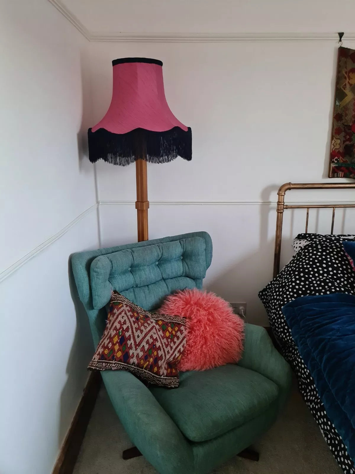 Handmade lampshade pink silk fabric navy fringe standard lamp ceiling pendant
