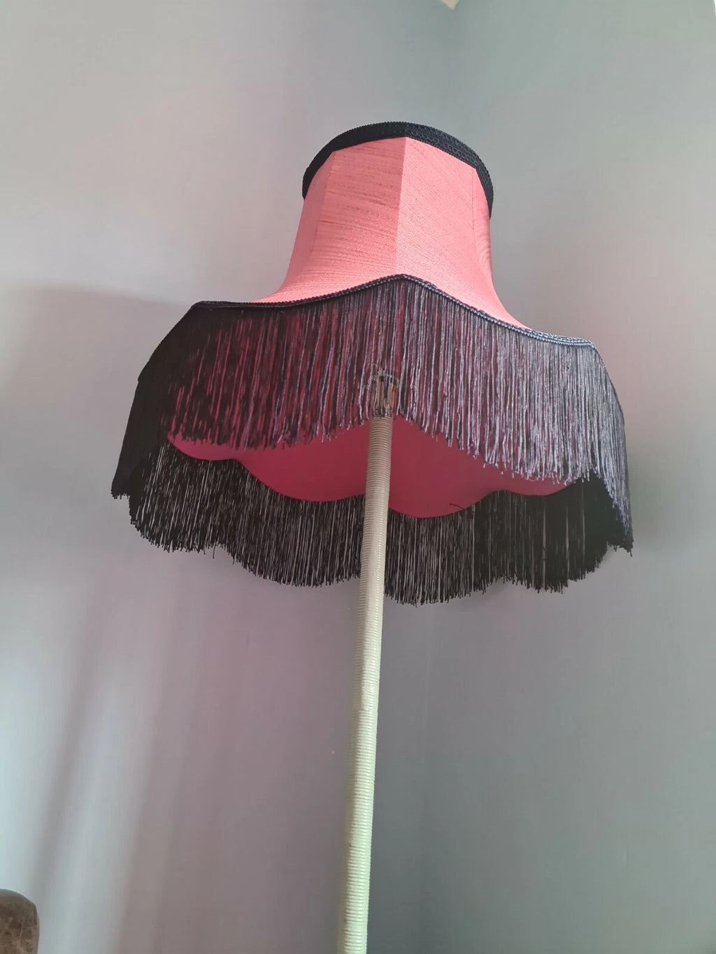 Handmade lampshade pink silk fabric navy fringe standard lamp ceiling pendant
