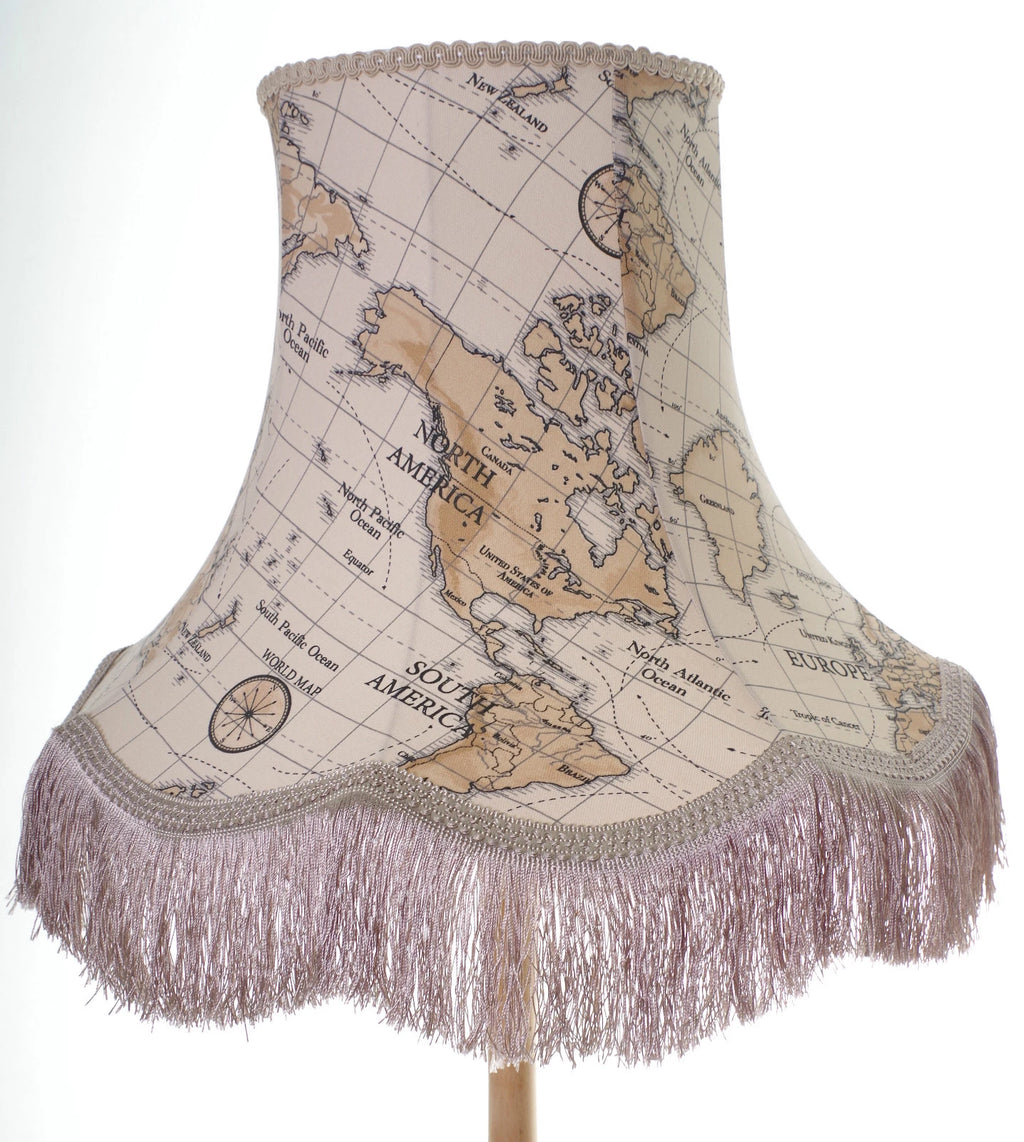 Handmade lampshade in beige world map fabric for standard lamp or ceiling lamp