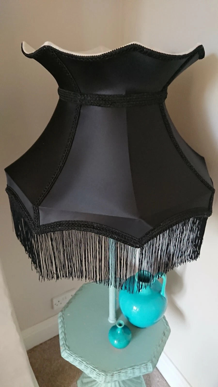 Large black Taffeta lampshade crown shape lined for a standard lamp or ceiling