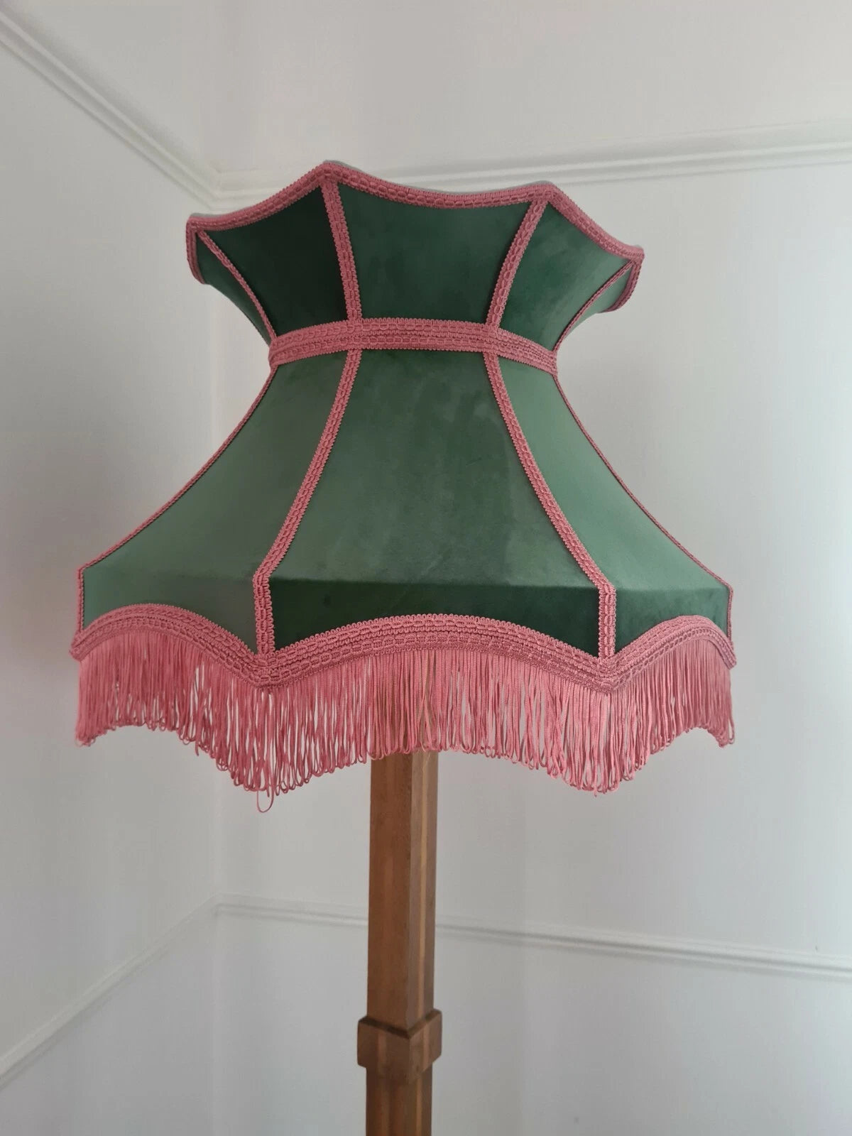 Dark green velvet lampshade crown shaped lined grey for standard lamp or ceiling