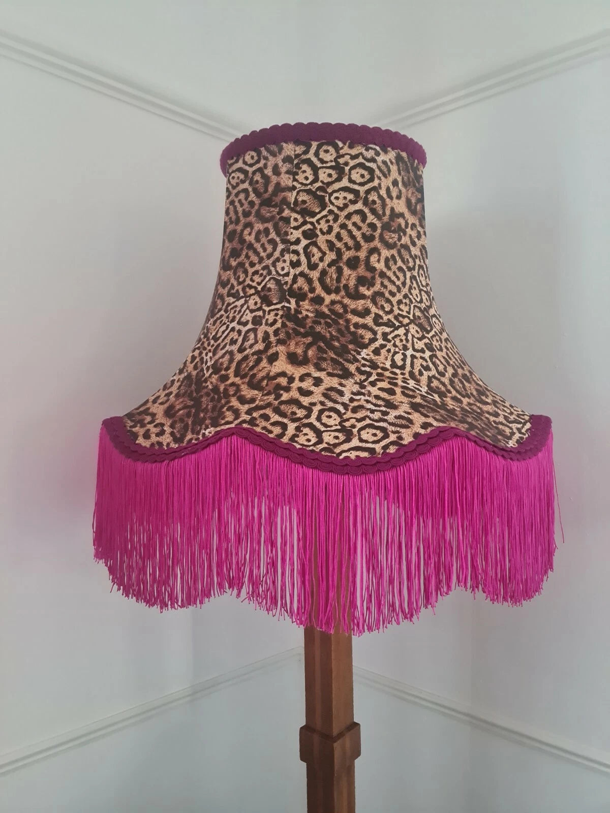 Handmade Lisa lampshade in leopard fabric for standard lamp or ceiling pendant