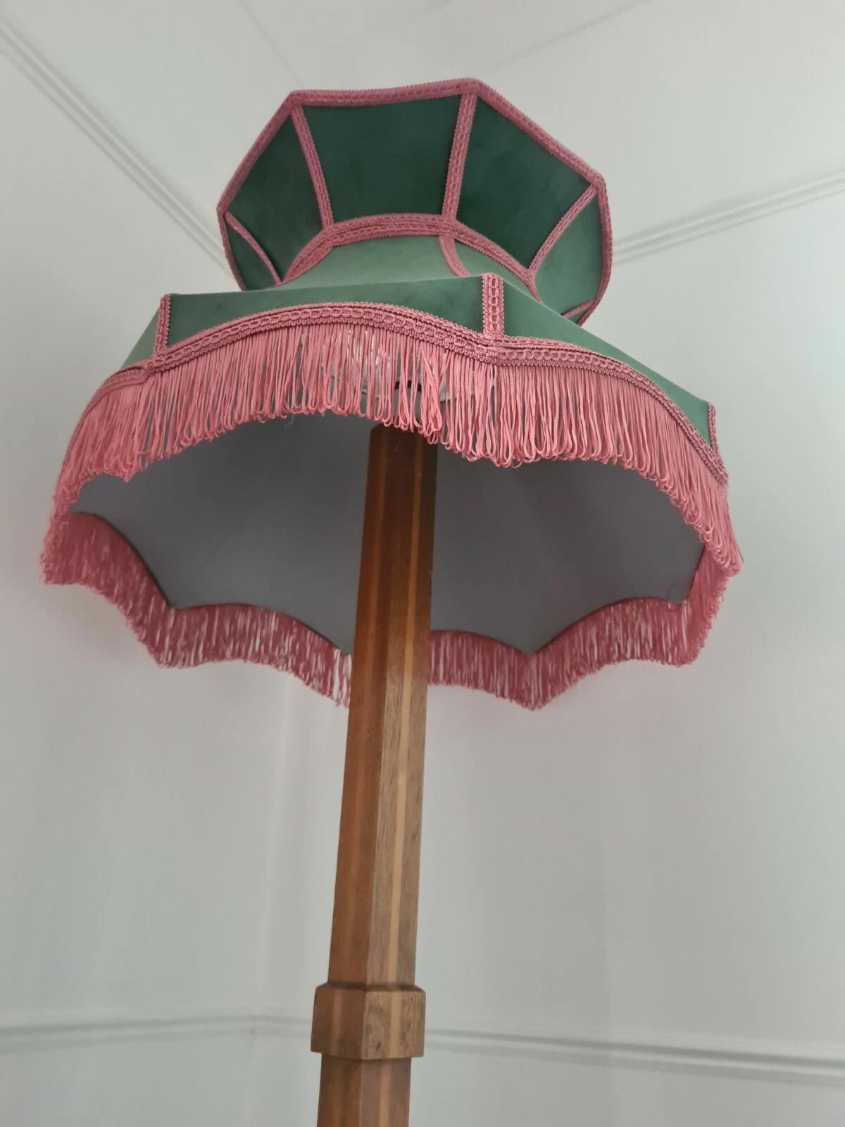 Dark green velvet lampshade crown shaped lined grey for standard lamp or ceiling