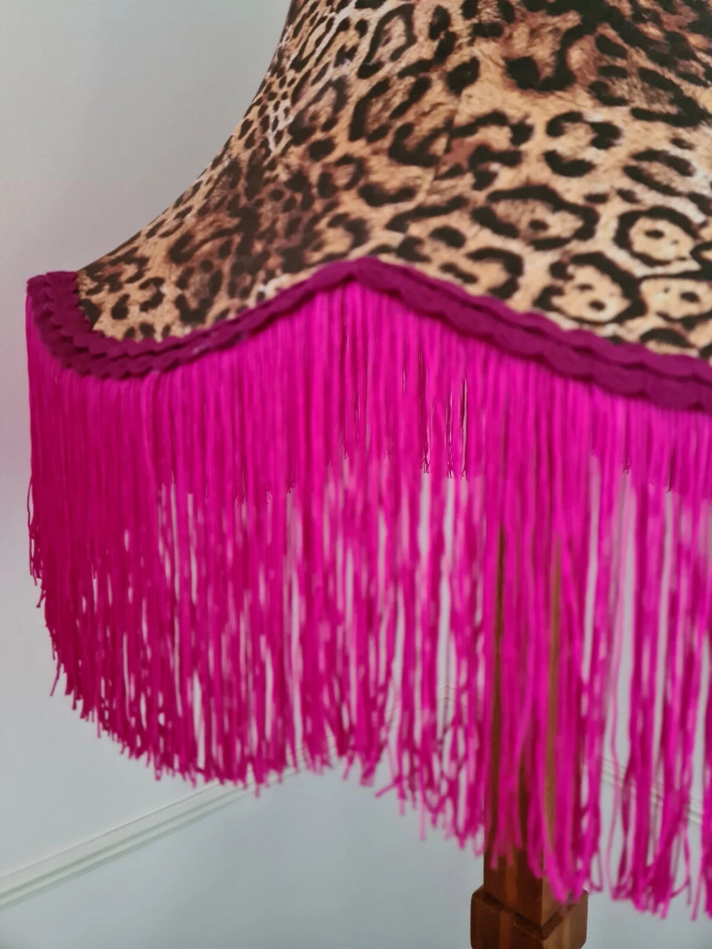 Handmade Lisa lampshade in leopard fabric for standard lamp or ceiling pendant