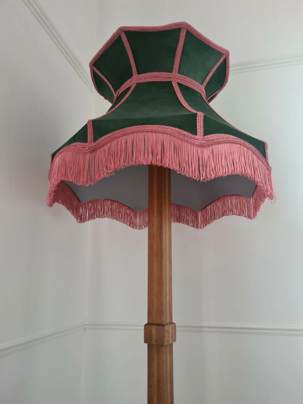 Dark green velvet lampshade crown shaped lined grey for standard lamp or ceiling