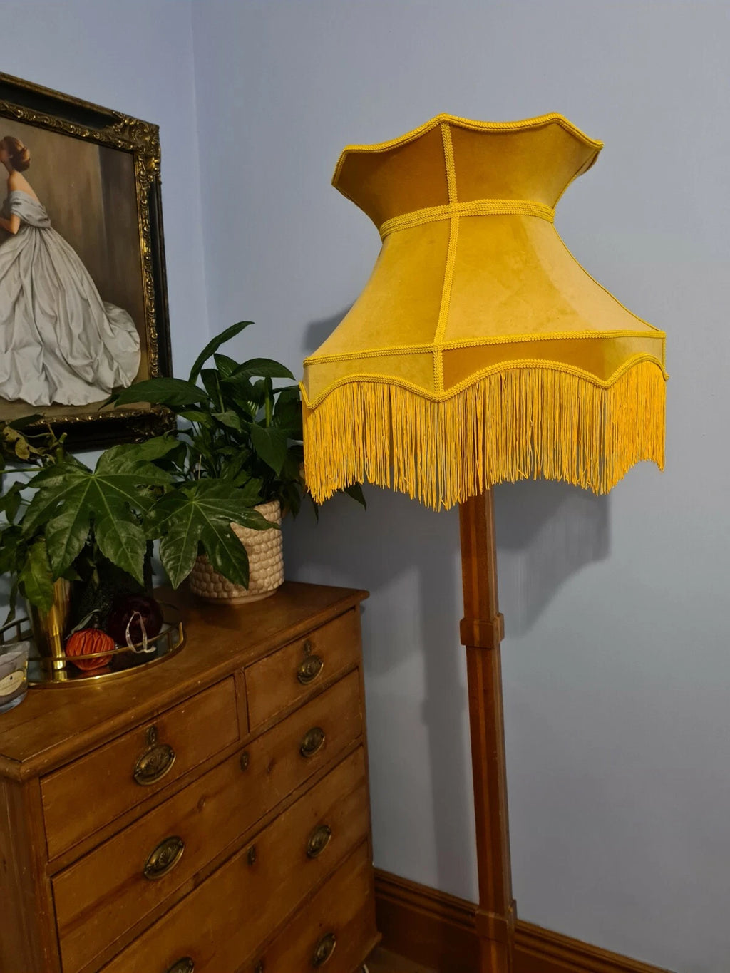 Yellow velvet mustard handmade lampshade crown traditional standard lamp ceiling
