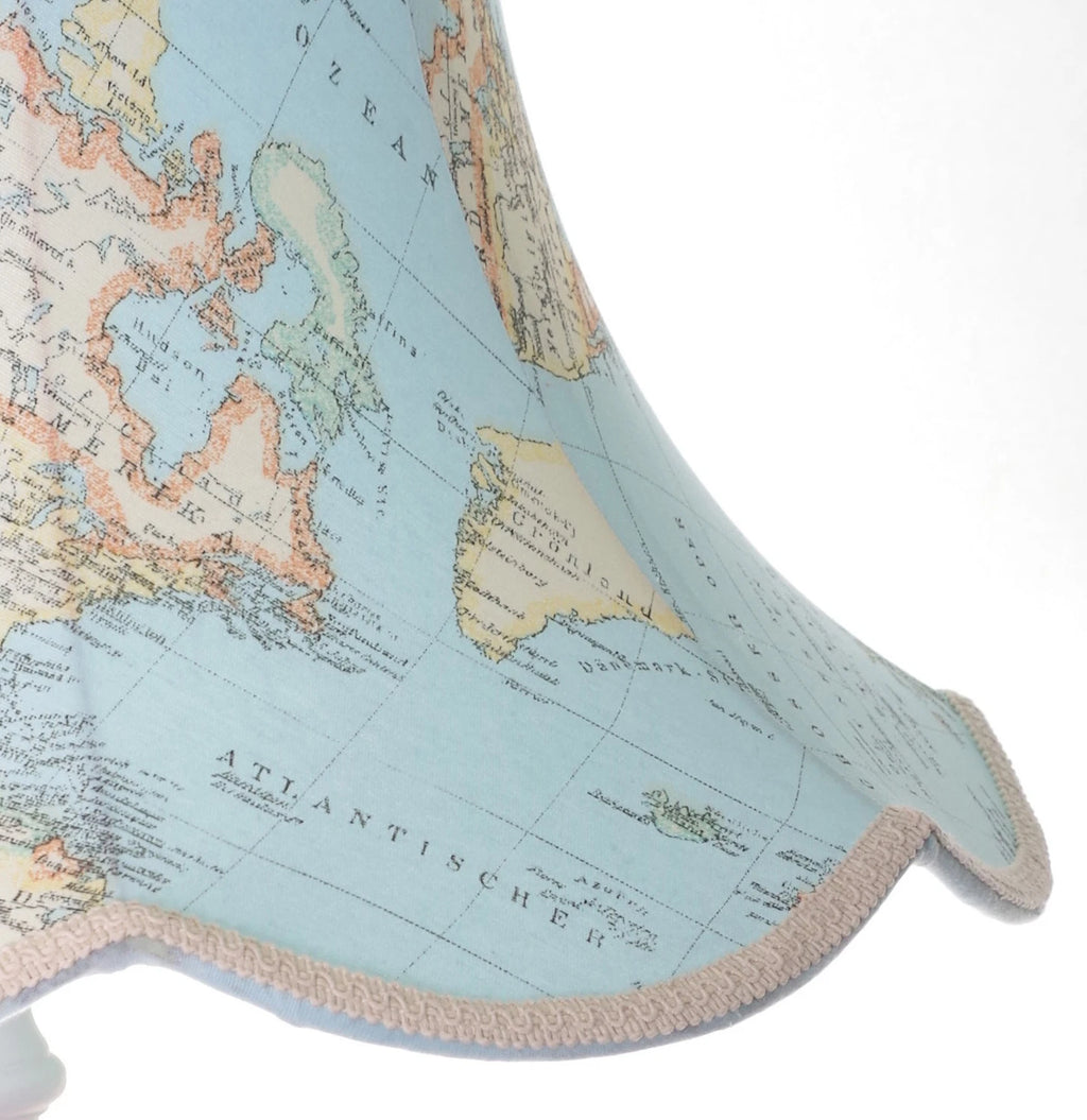 Handmade lampshade in blue world map design for a standard lamp or ceiling