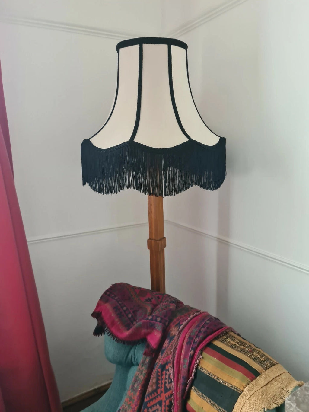 Cream velvet Lisa Lampshade with black fringe standard lamp/ceiling pendant