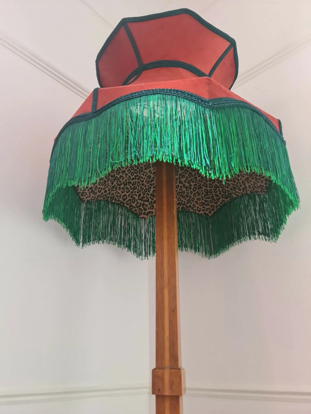 Burnt orange velvet lampshade crown lined in leopard standard lamp or ceiling