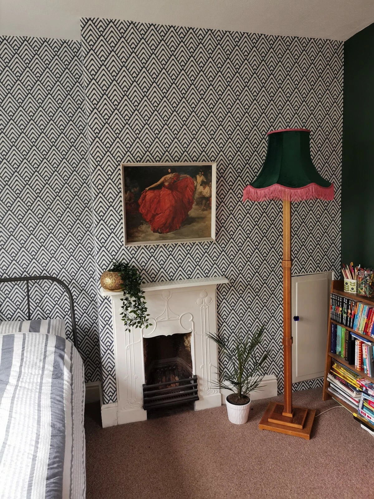 Handmade vintage  green and pink velvet lampshade for standard lamp or ceiling