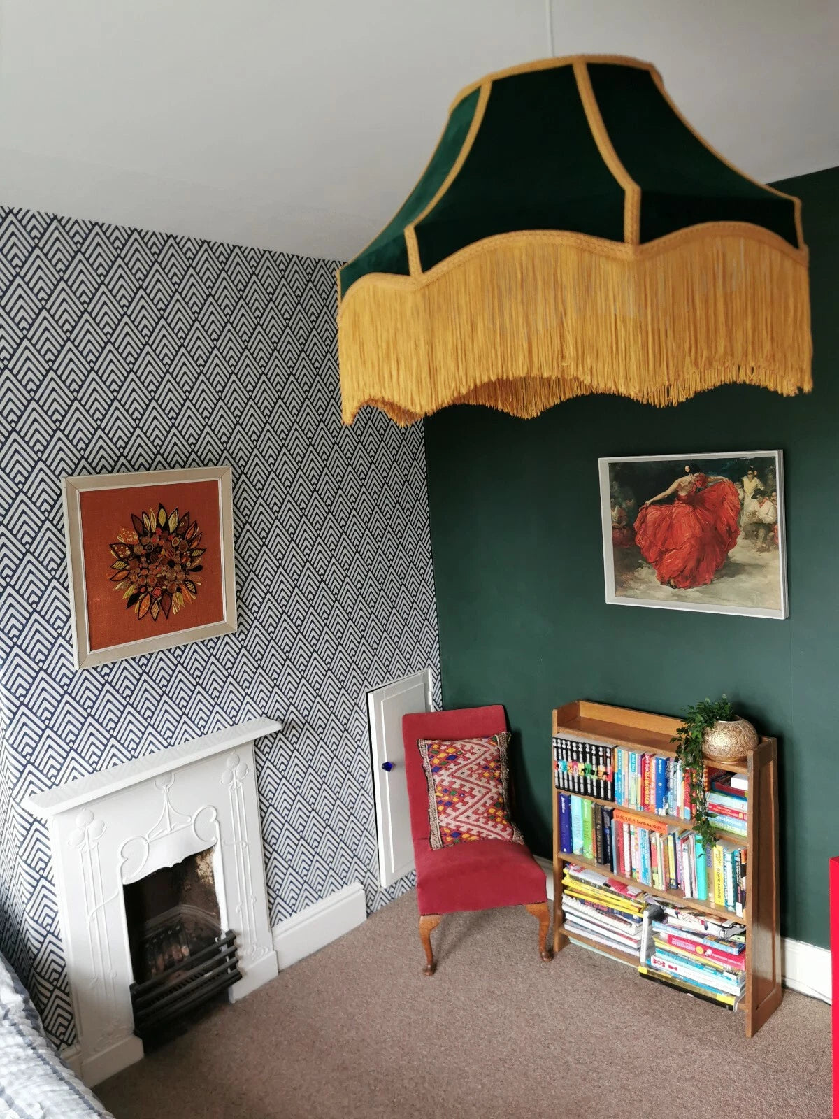 Large victorian lampshade style green velvet gold fringe for a ceiling pendant
