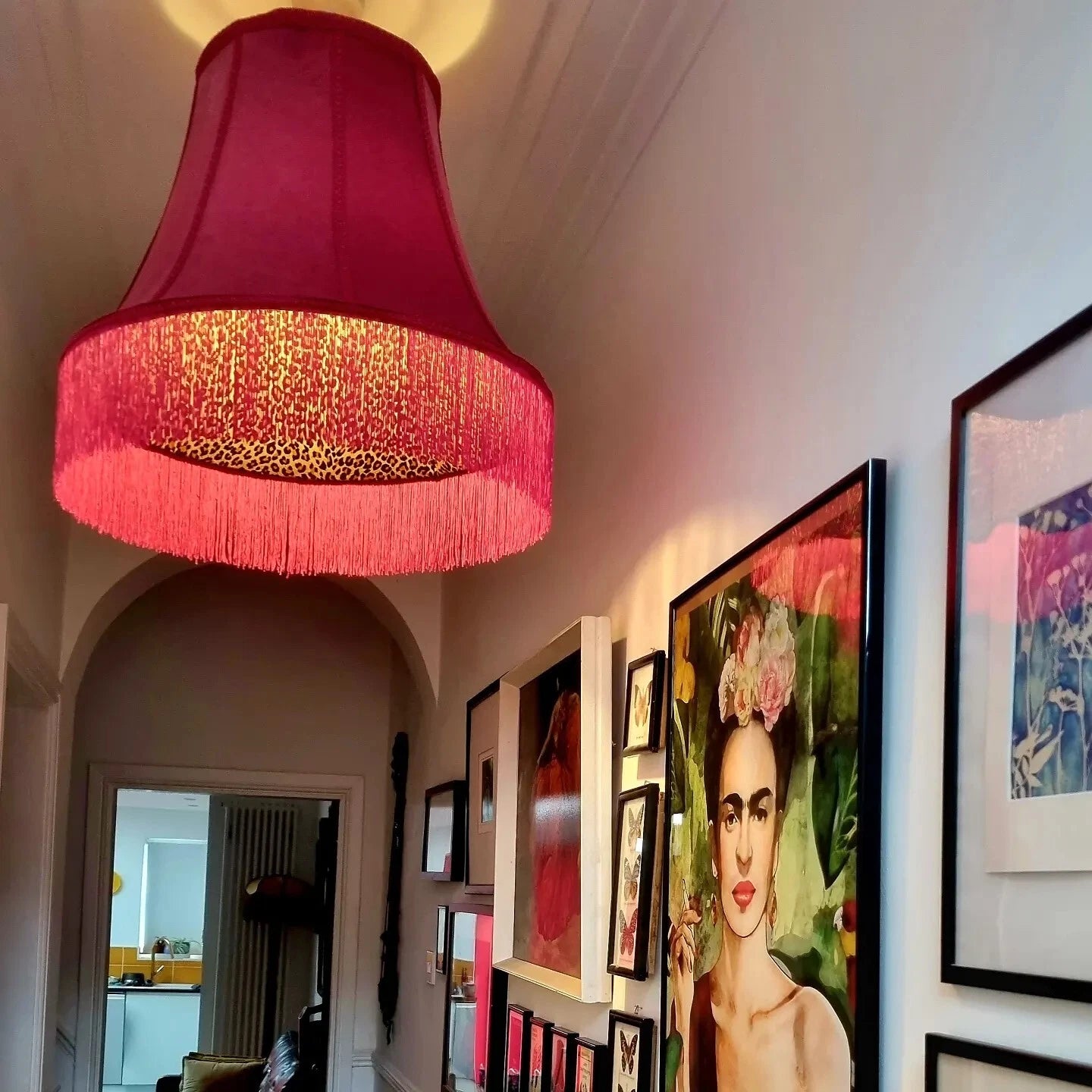 Large Bright Pink Cerise Velvet Lampshade Leopard Lined standard lamp or ceiling
