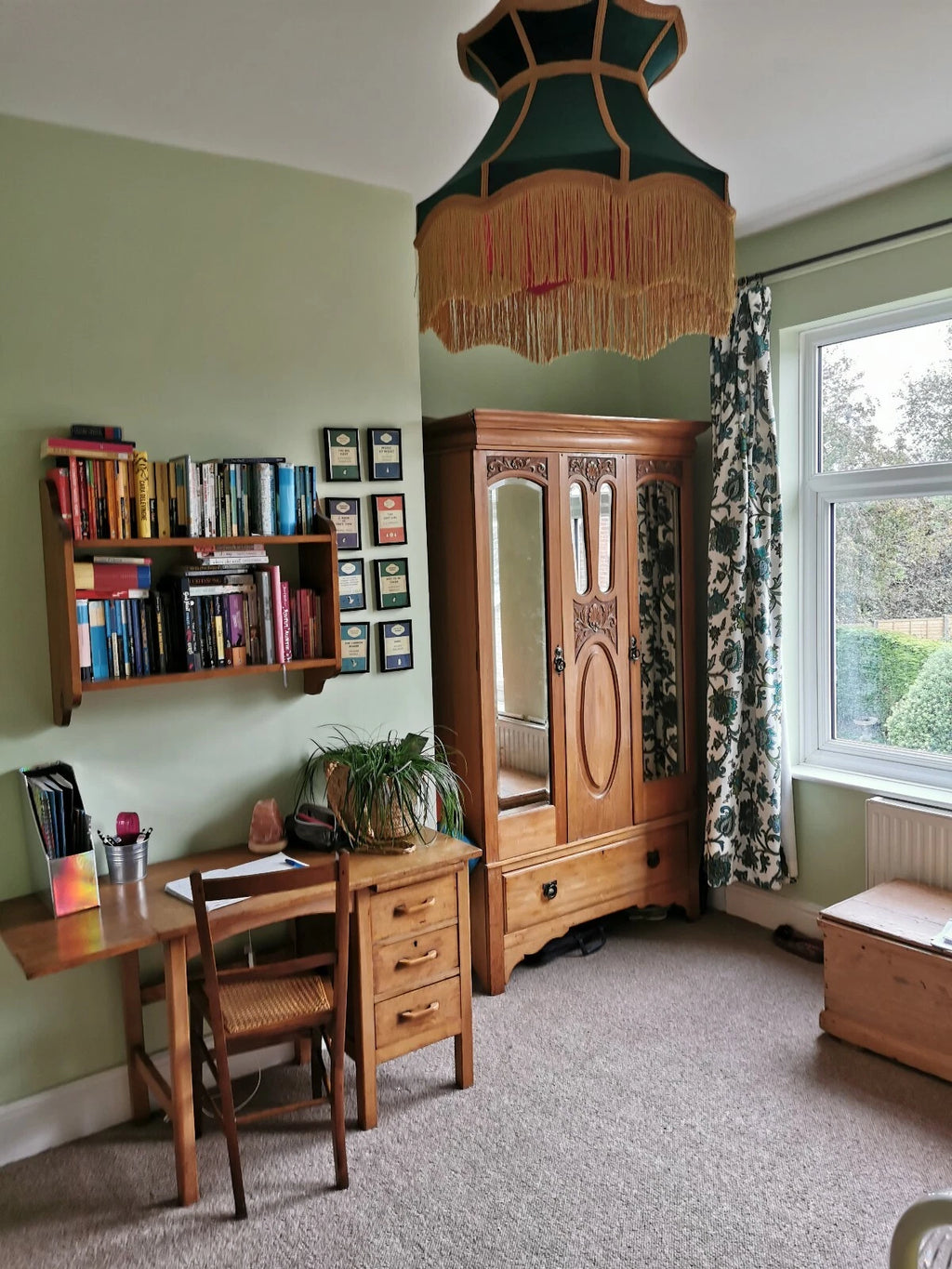 Bottle green gold velvet lampshade crown lined pink a standard lamp or ceiling