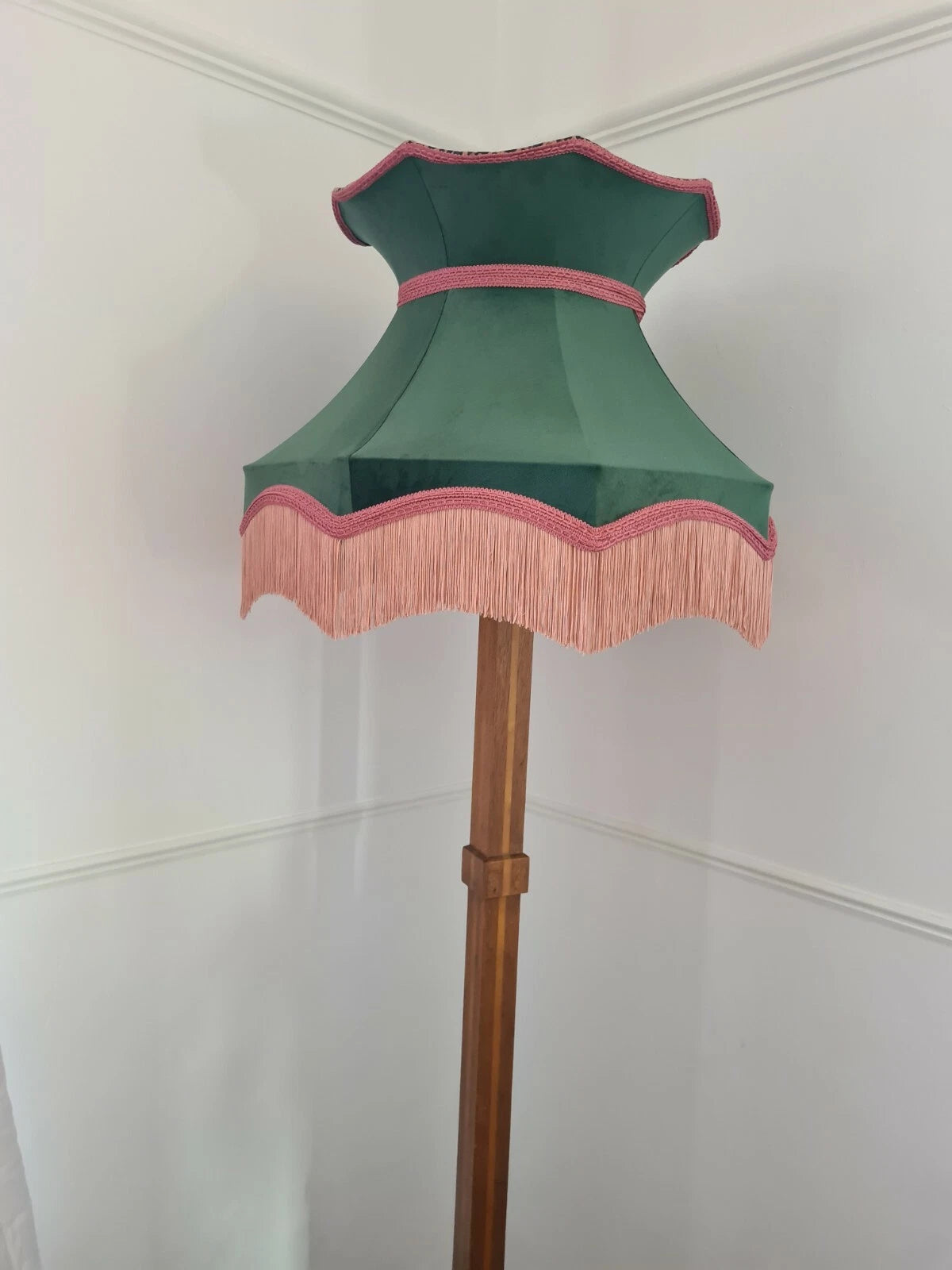 Handmade large crown lampshade green velvet leopard lined standard lamp pendant
