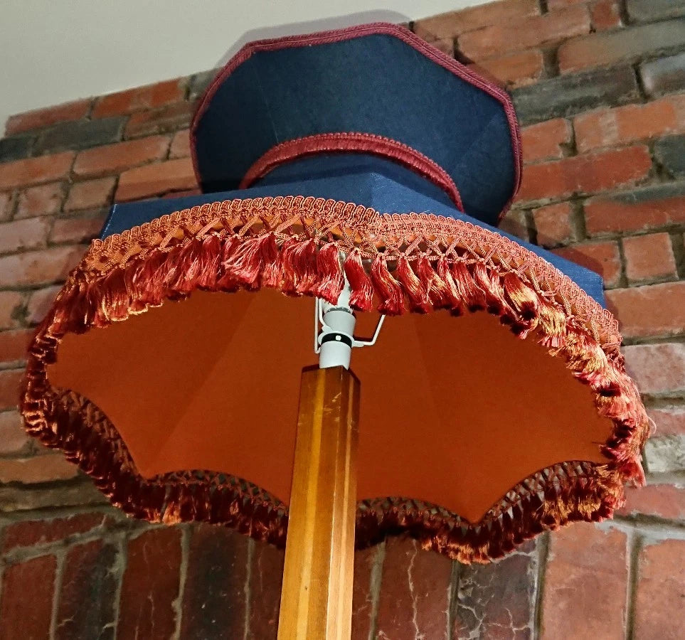 Lampshade for standard lamp or ceiling in dark blue denim with copper lining