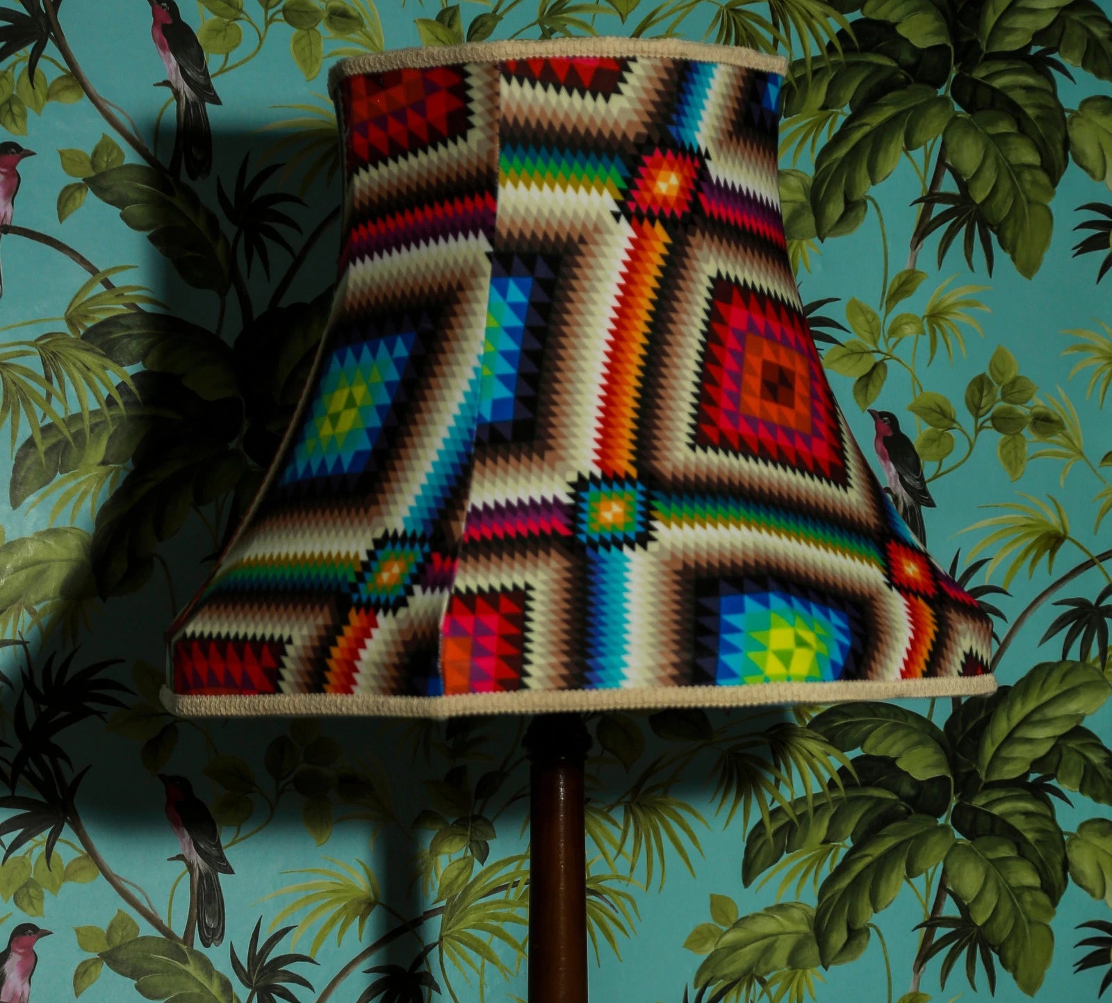 Lampshade in bright multi-coloured geometric fabric for standard lamp or ceiling
