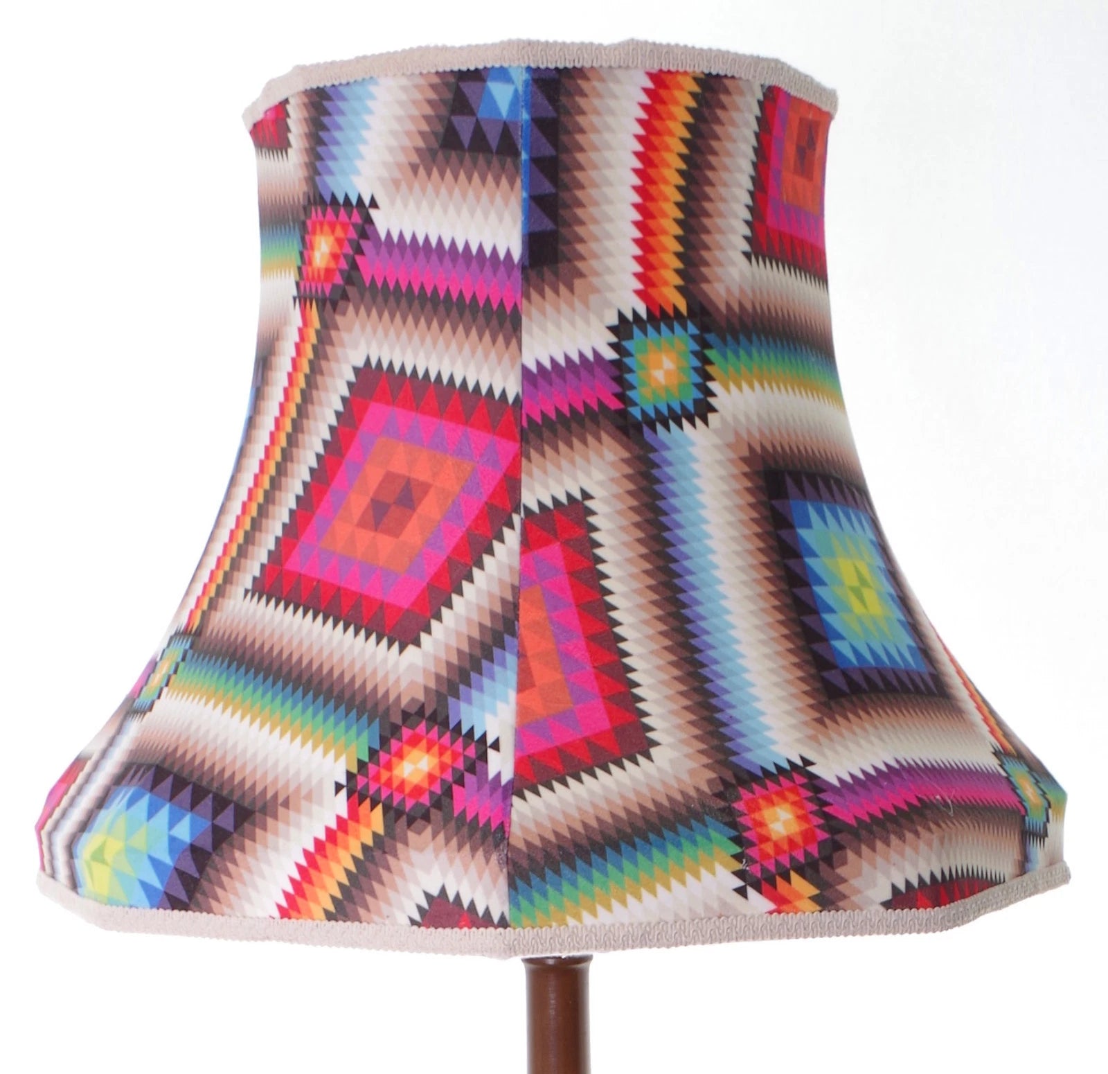 Lampshade in bright multi-coloured geometric fabric for standard lamp or ceiling