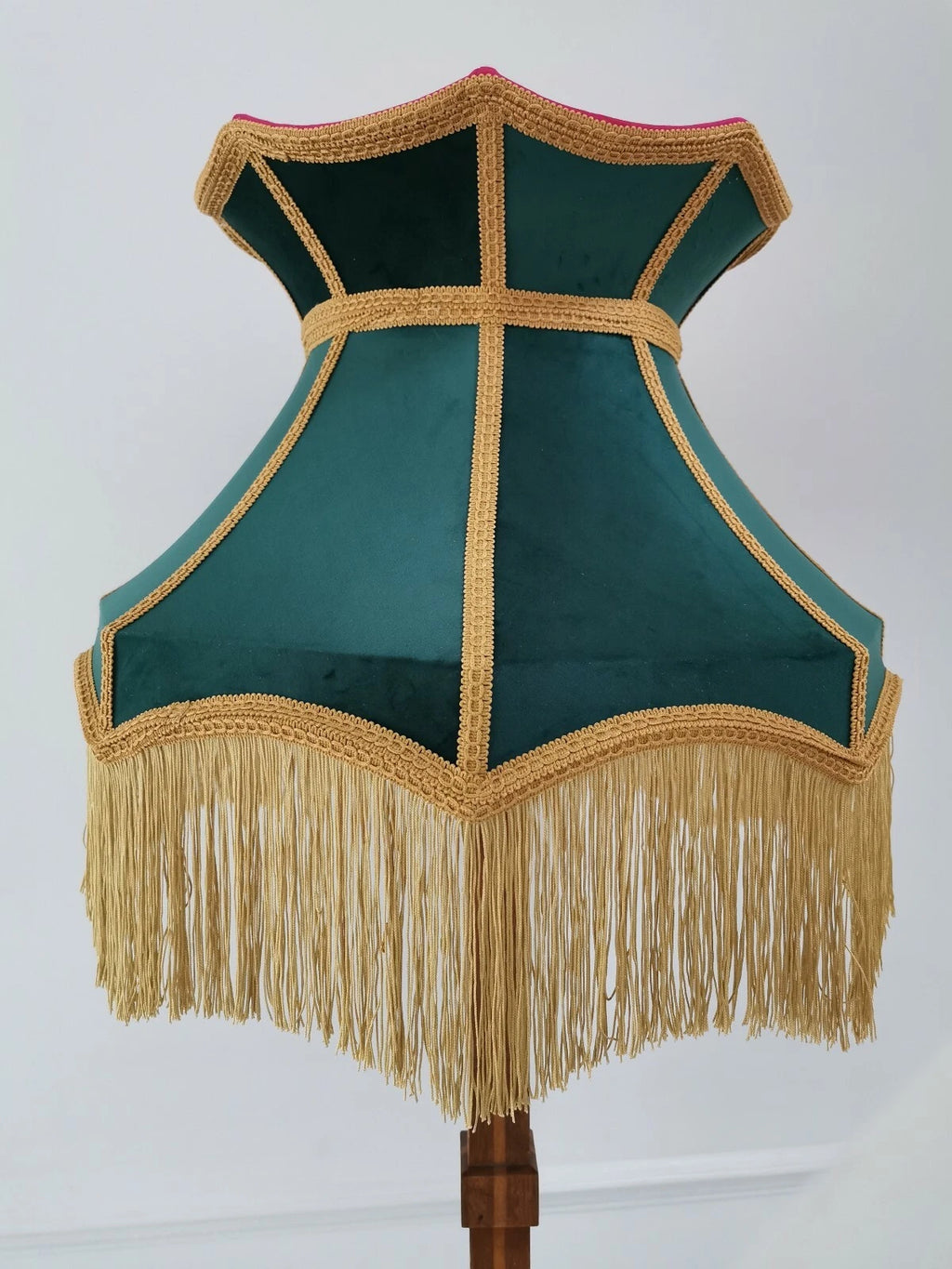 Bottle green gold velvet lampshade crown lined pink a standard lamp or ceiling