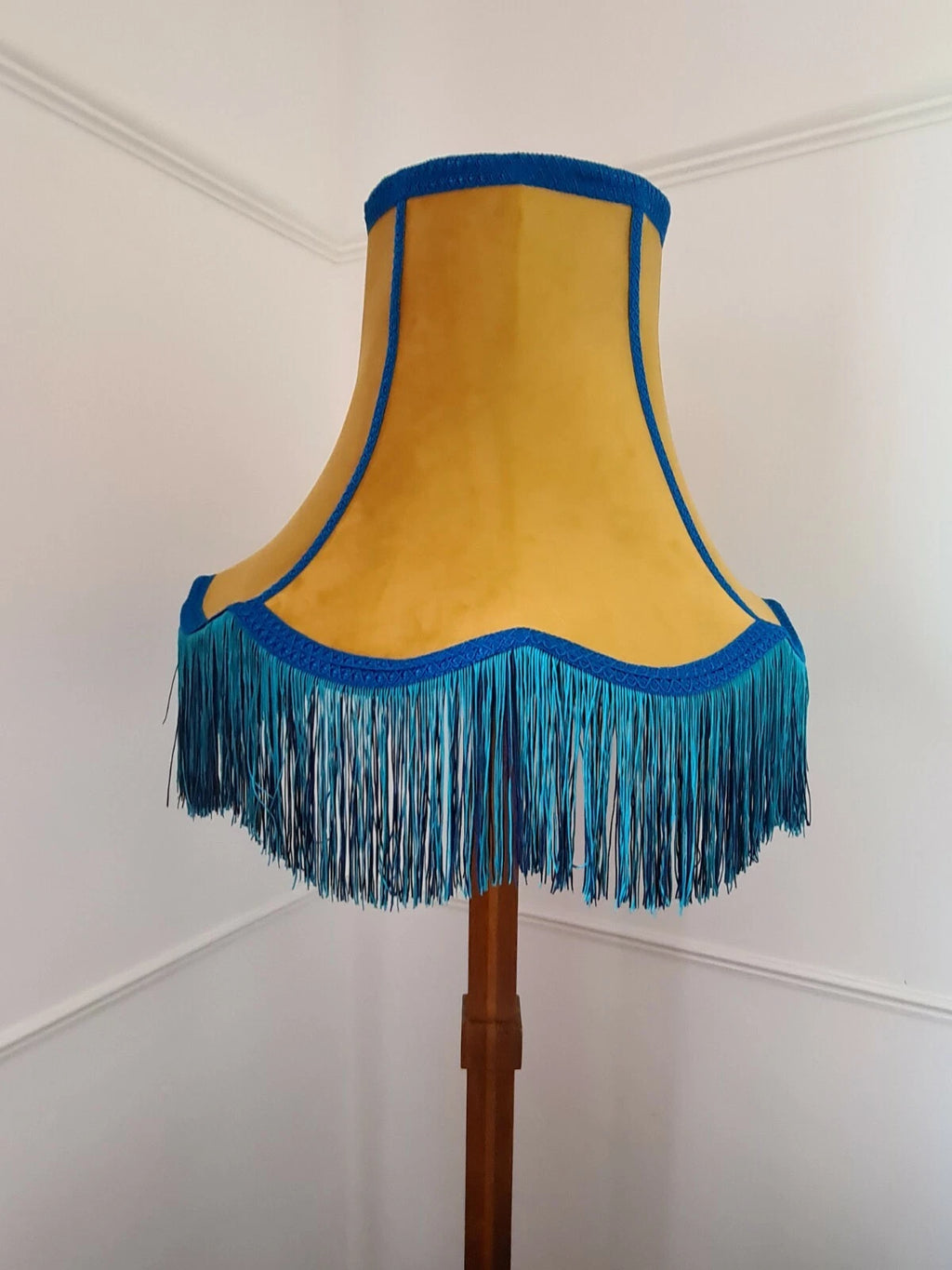 Mustard yellow and tourquoise large lampshade for standard lamp ceiling pendant