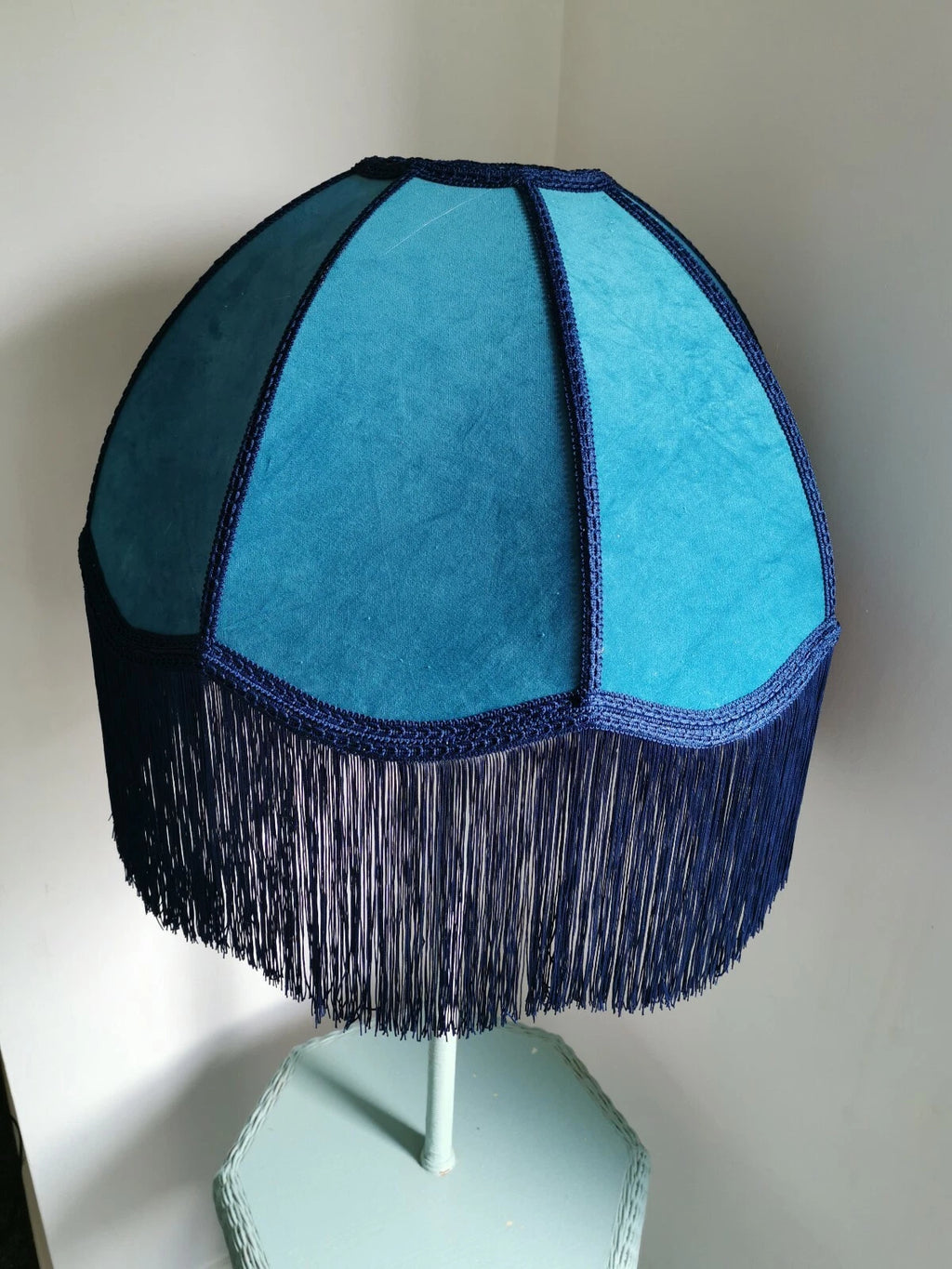 Handmade dome lampshade teal blue velvet fabric for a standard lamp or ceiling