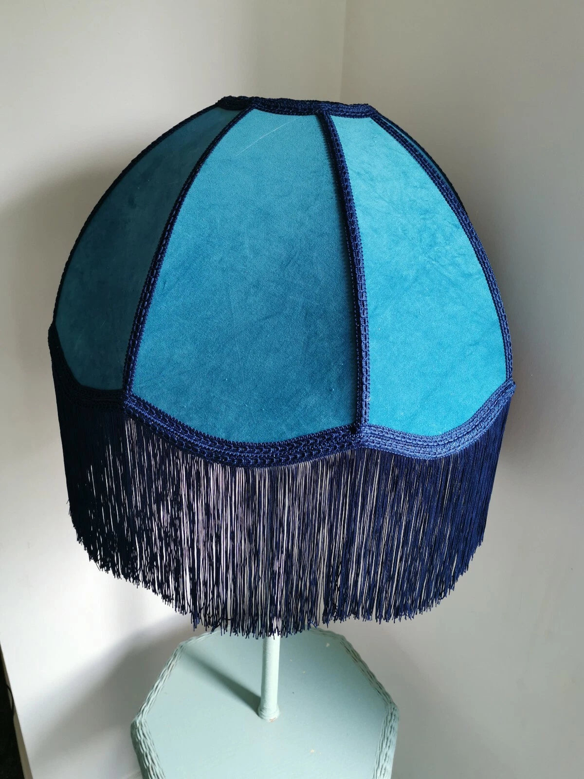 Handmade dome lampshade teal blue velvet fabric for a standard lamp or ceiling