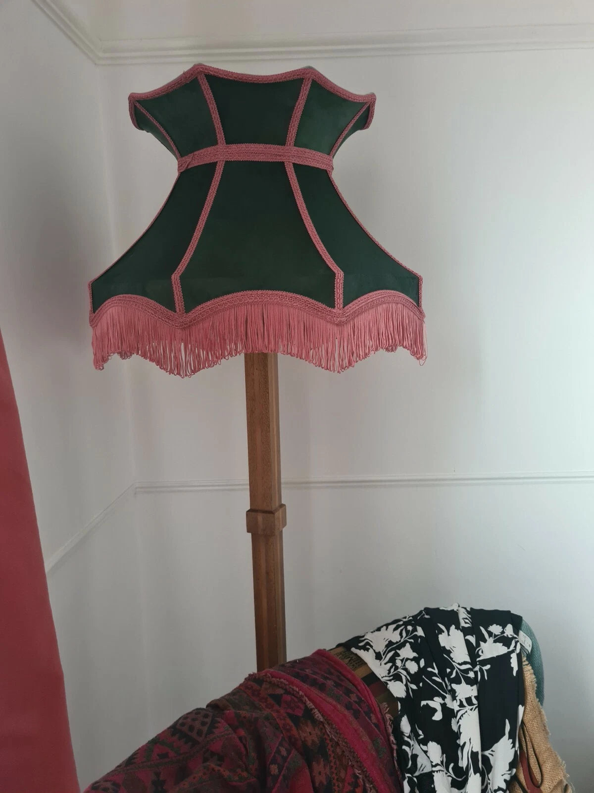 Dark green velvet lampshade crown shaped lined grey for standard lamp or ceiling