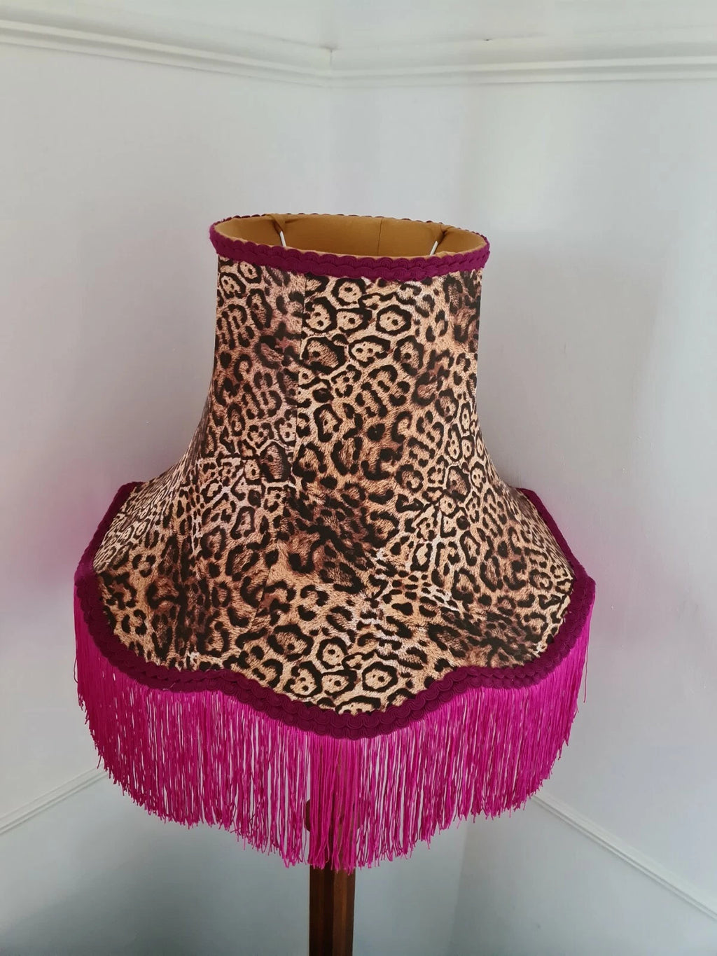 Handmade Lisa lampshade in leopard fabric for standard lamp or ceiling pendant