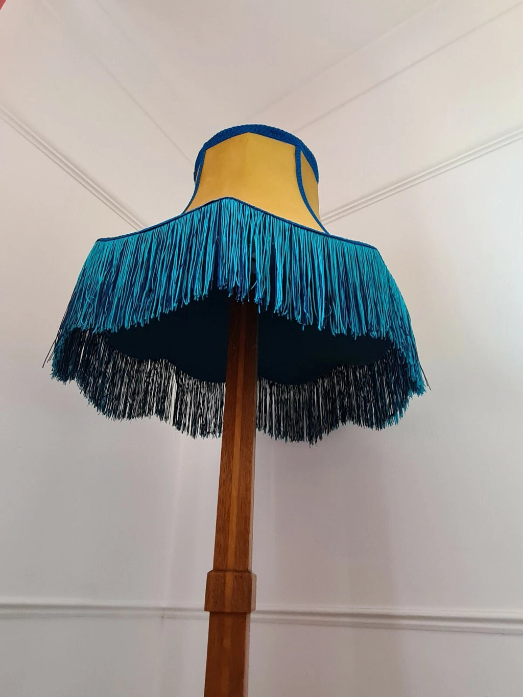 Mustard yellow and tourquoise large lampshade for standard lamp ceiling pendant