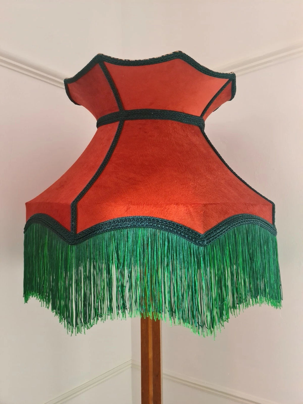 Burnt orange velvet lampshade crown lined in leopard standard lamp or ceiling