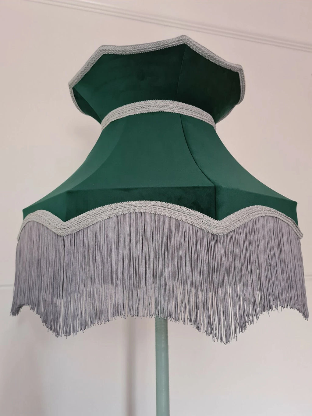 Large handmade green velvet Lisa lampshade crown shape standard lamp or ceiling