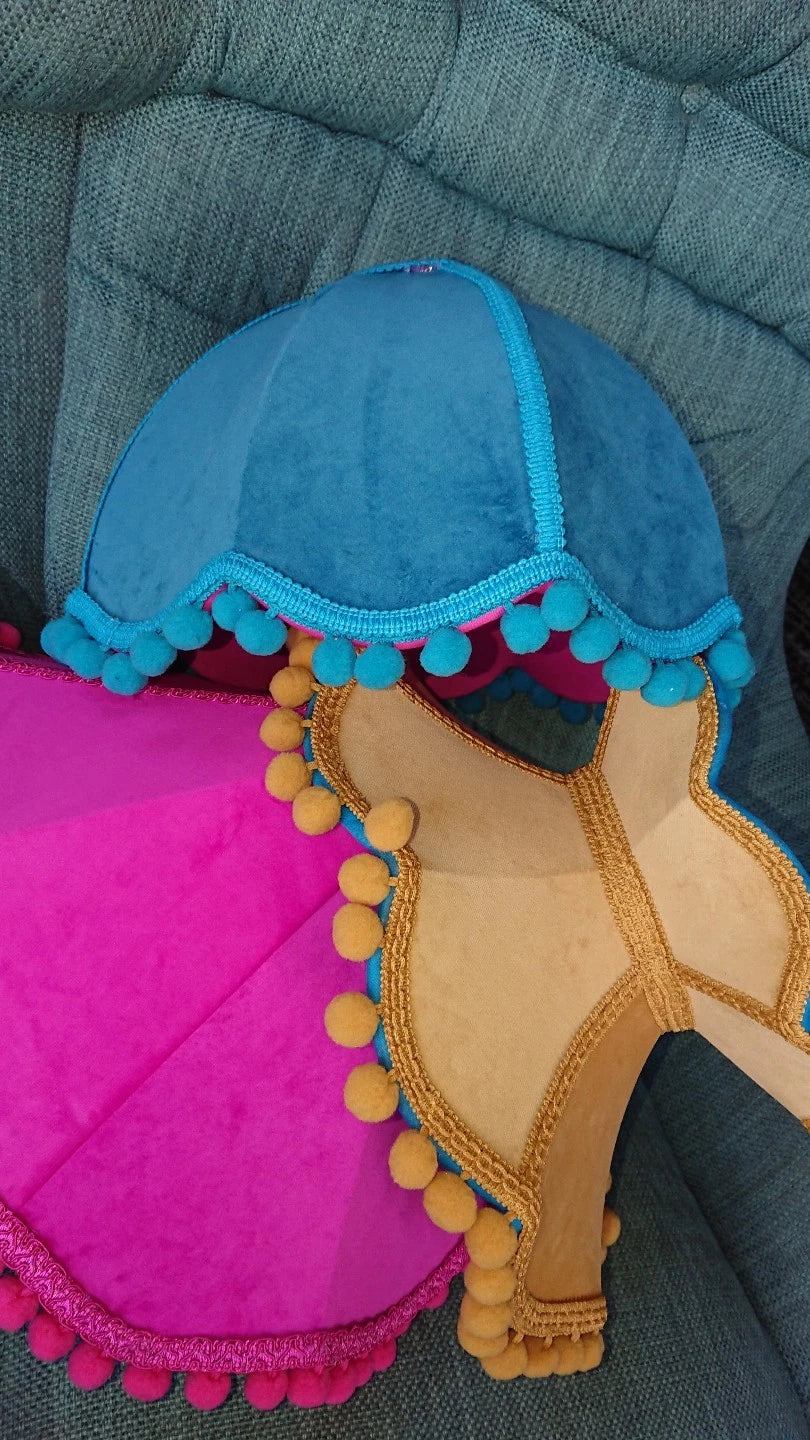 Crown shaped lampshade for table lamp or ceiling pendant yellow velvet turquoise