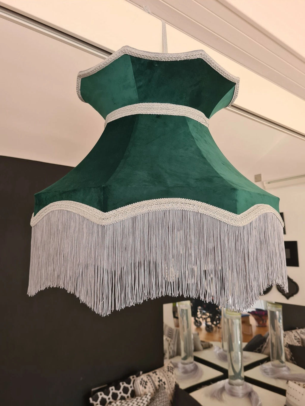 Large handmade green velvet Lisa lampshade crown shape standard lamp or ceiling