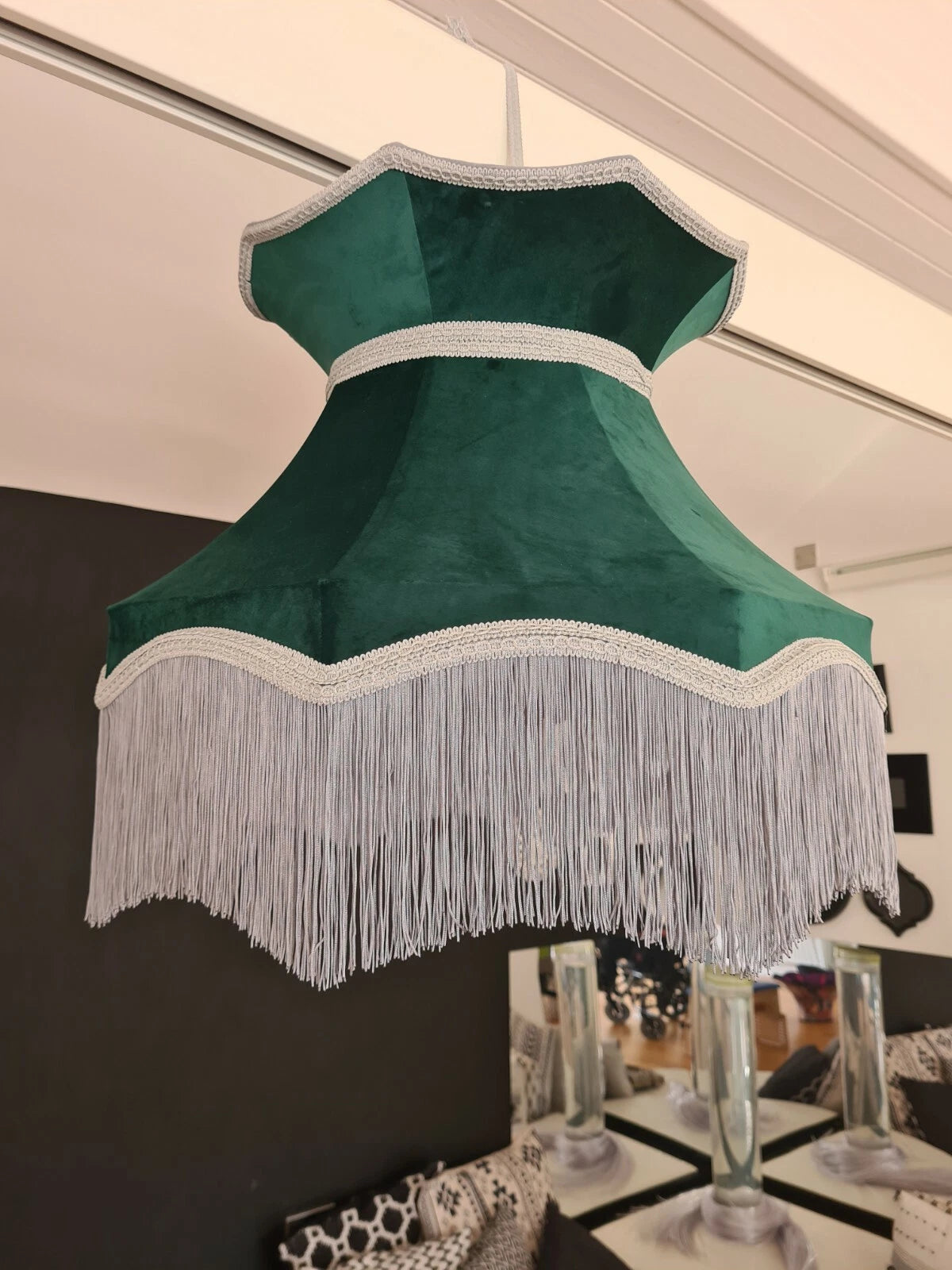 Large handmade green velvet Lisa lampshade crown shape standard lamp or ceiling
