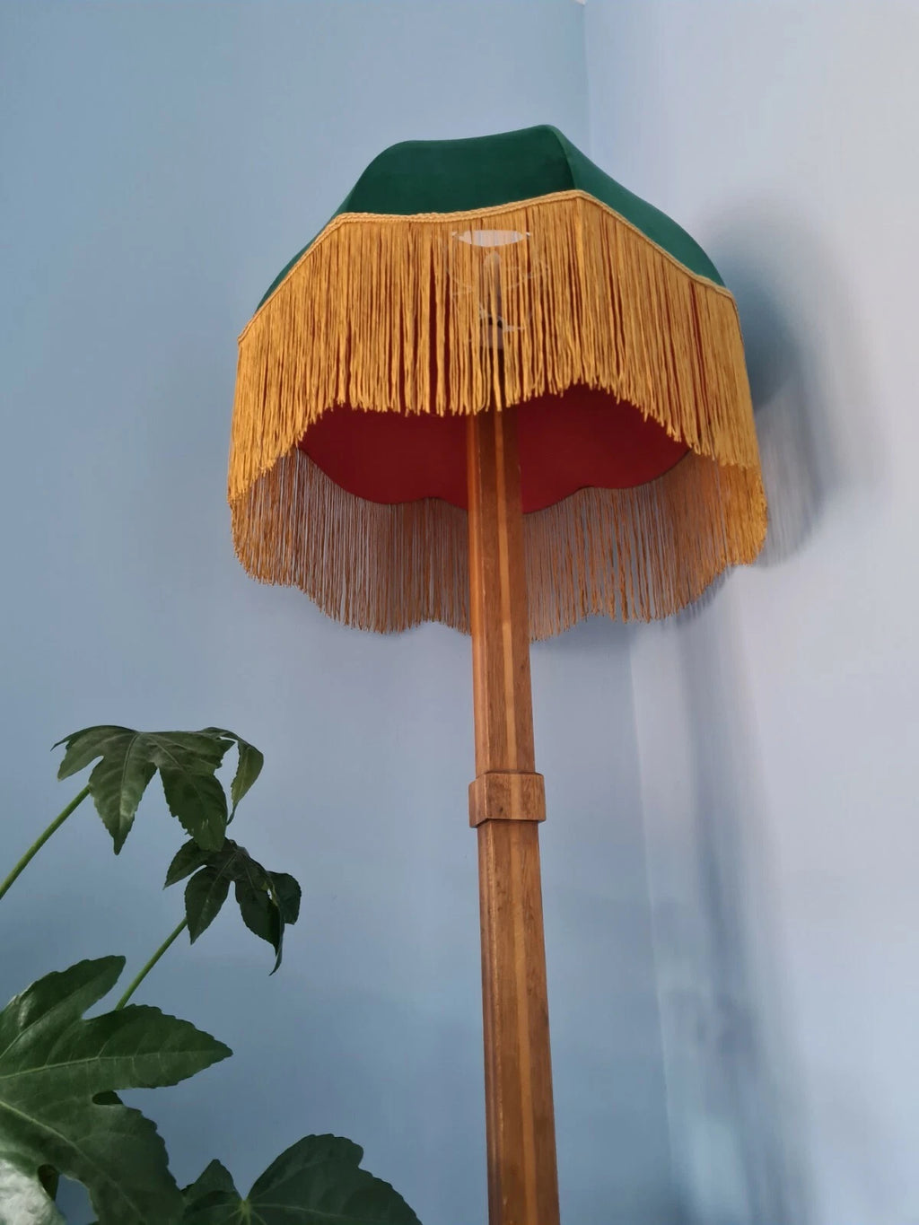 Handmade dome lampshade green velvet pink  fabric for a standard lamp or ceiling